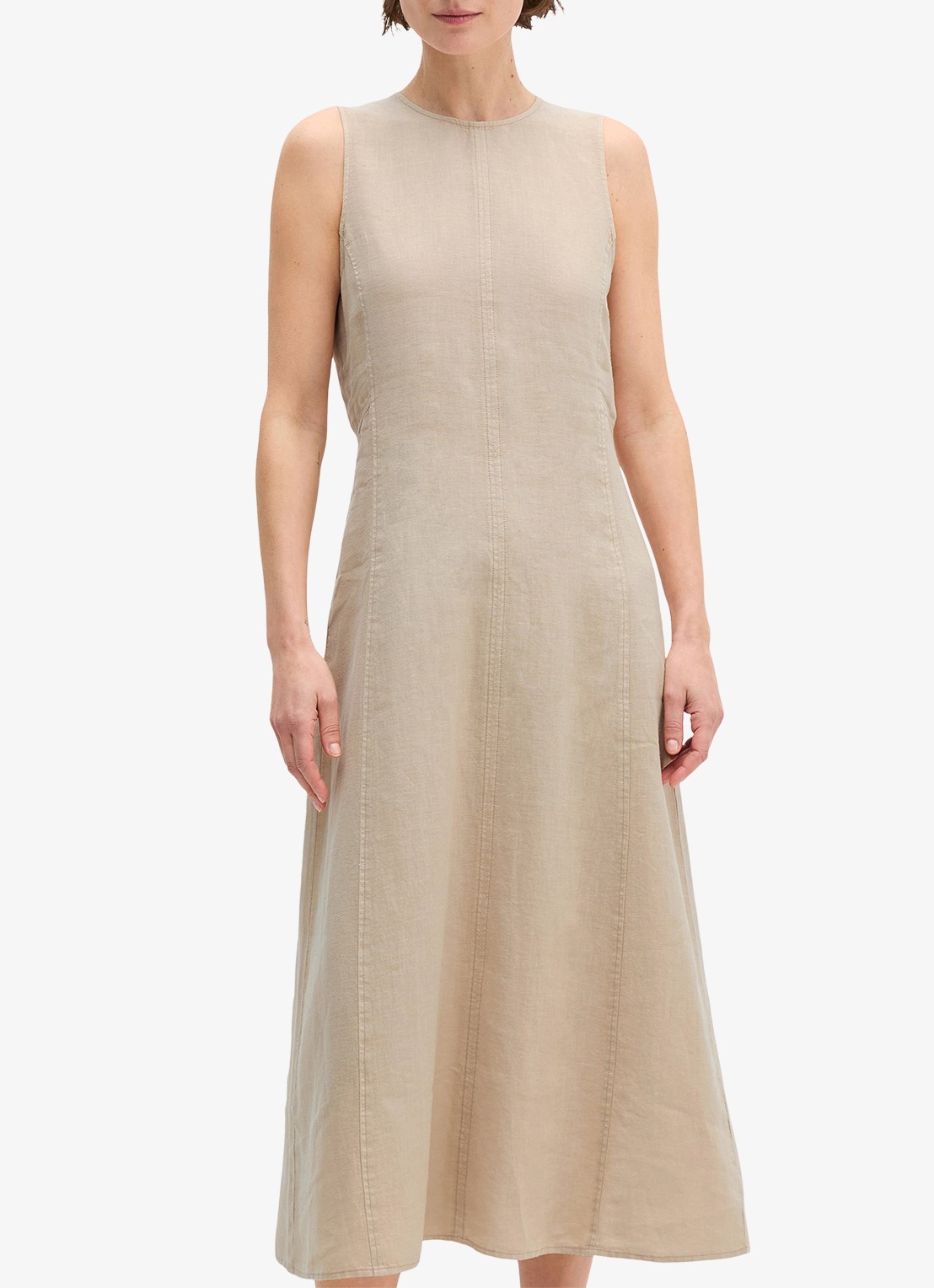 Marc O'Polo Midi jurk van linnen met ronde hals - detail 2 sandpaper-2326 / beige