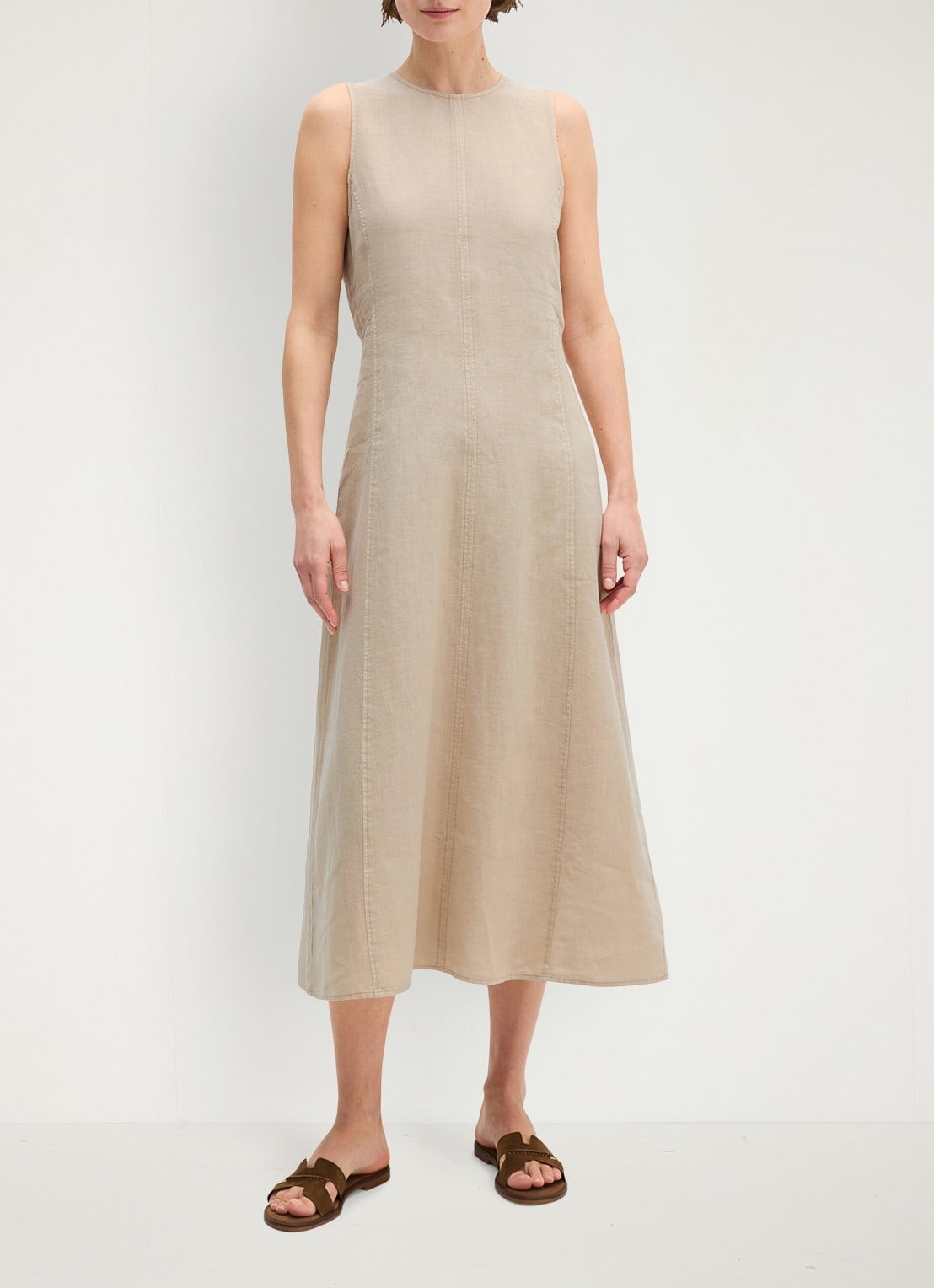 Marc O'Polo Midi jurk van linnen met ronde hals - voorkant 5 sandpaper-2326 / beige