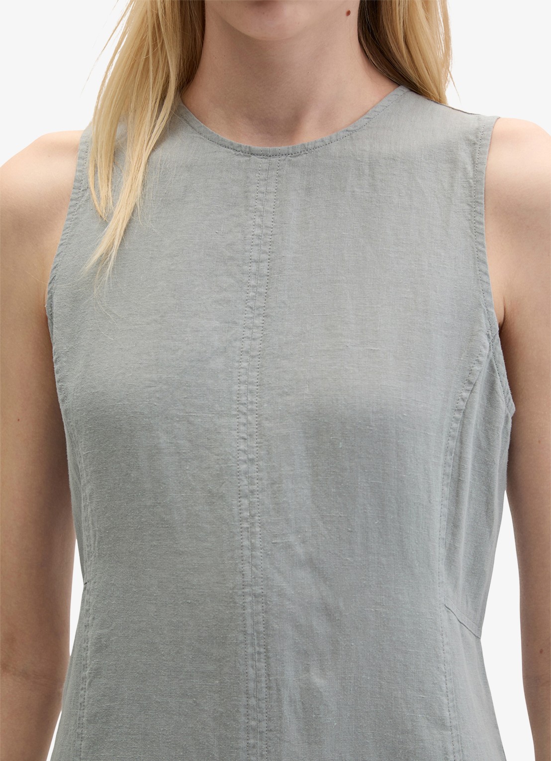Marc O'Polo Midi jurk van linnen met ronde hals - detail 3 quiet sea-0639 / blauw