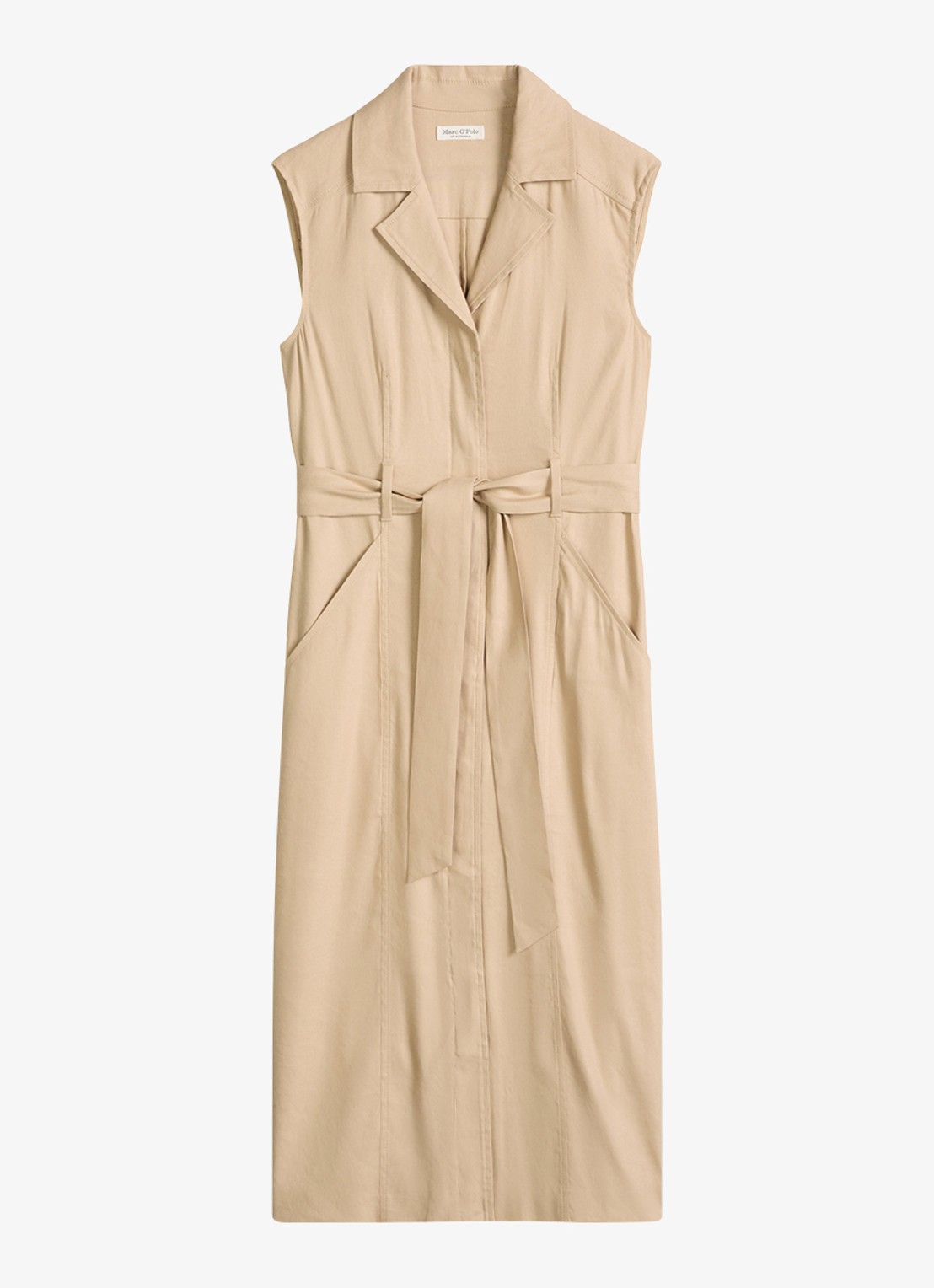 Marc O'Polo Midi mouwloze jurk in linnenblend met strikceintuur - voorkant 4 sandpaper-2326 / beige