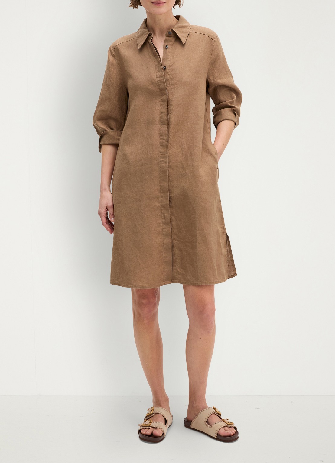 Marc O'Polo Mini blousejurk van linnen met halflange mouw - voorkant 2 burnt brown-1972 / bruin