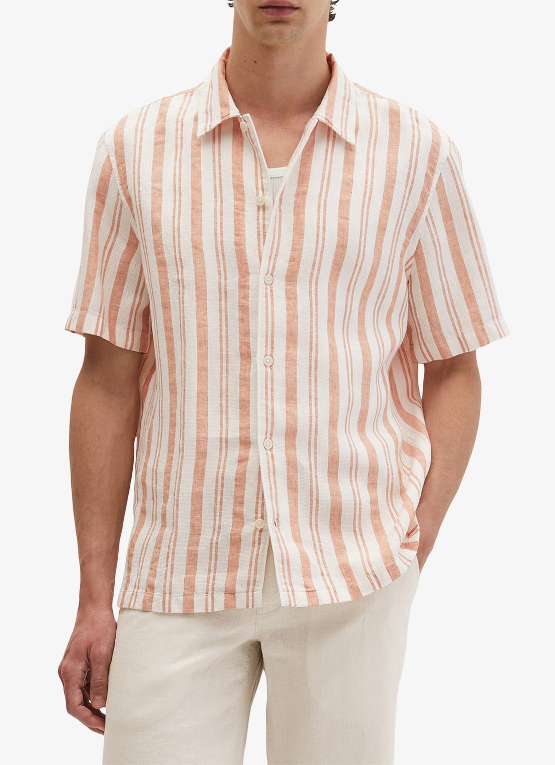 Marc O'Polo Overhemd in linnenblend met streepprint - detail 4 medium orange 39-9467 / oranje