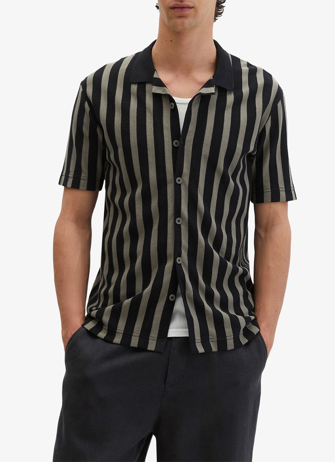 Marc O'Polo Overhemd met streepprint - detail 3 black 01-0093 / zwart