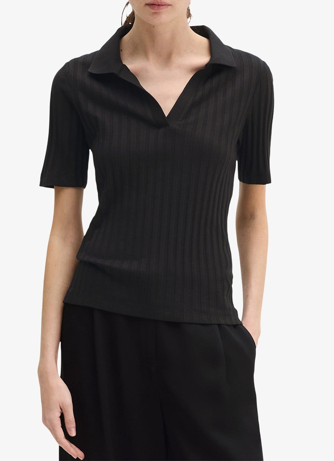 Marc O'Polo Pointelle polo met korte mouw - detail 2 black / zwart
