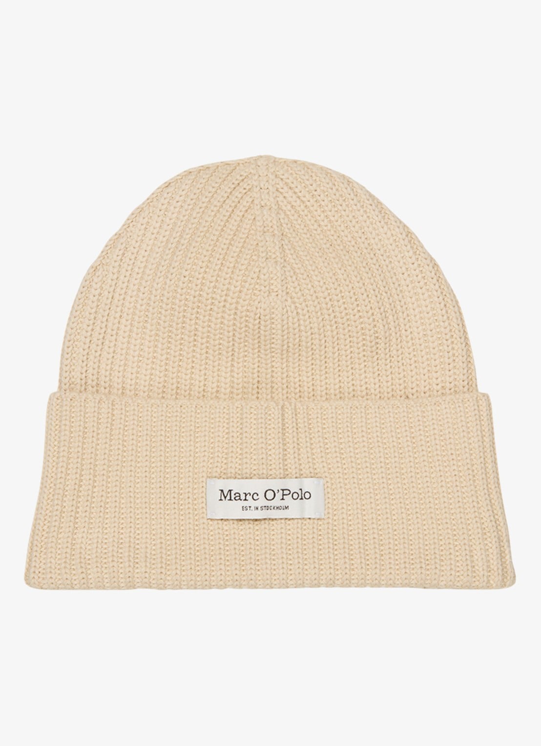 Marc O'Polo Ribgebreide muts met logo - voorkant smokey sands / crème