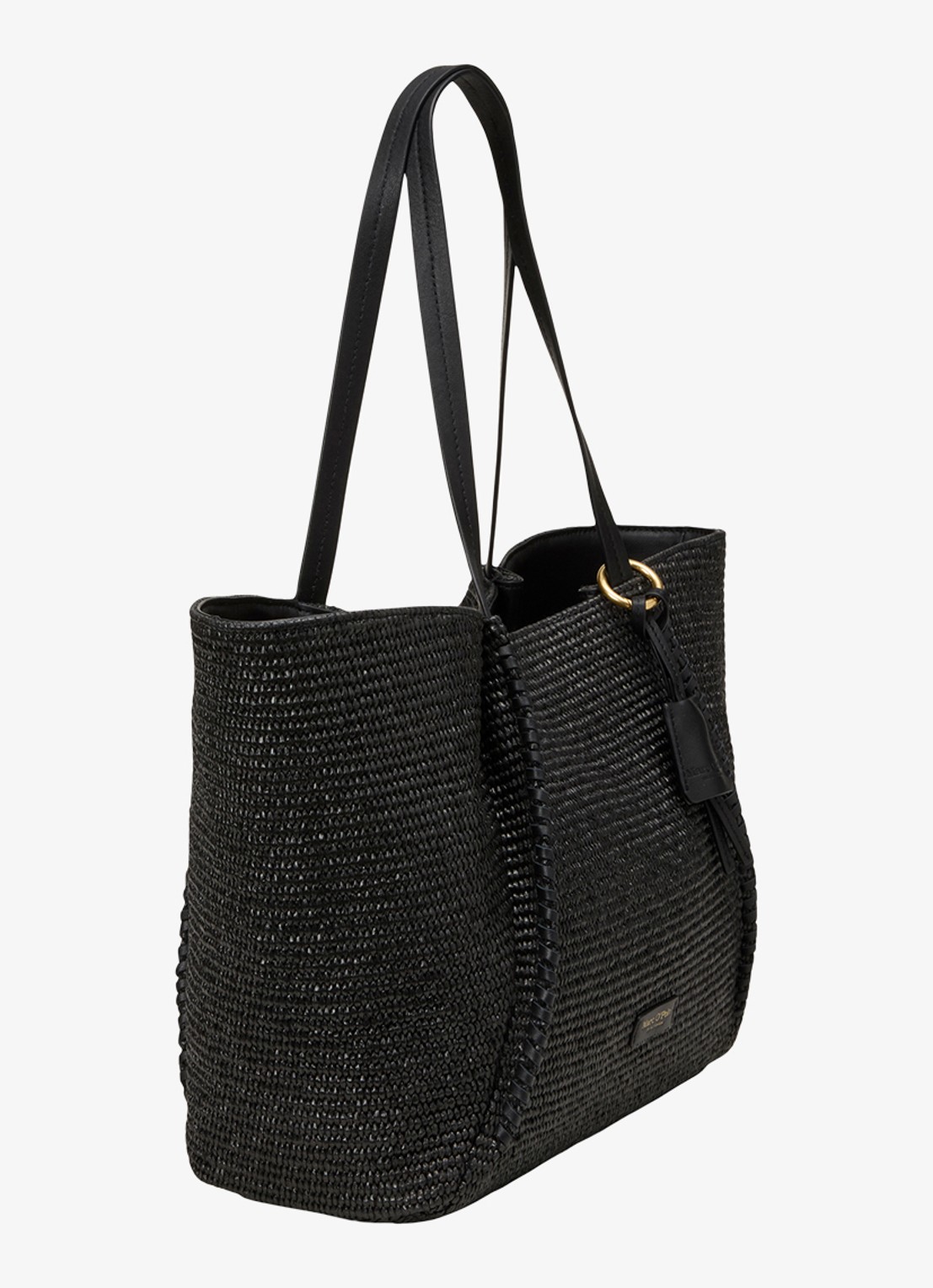 Marc O'Polo Shopper van raffia met leren details - detail 3 black / zwart