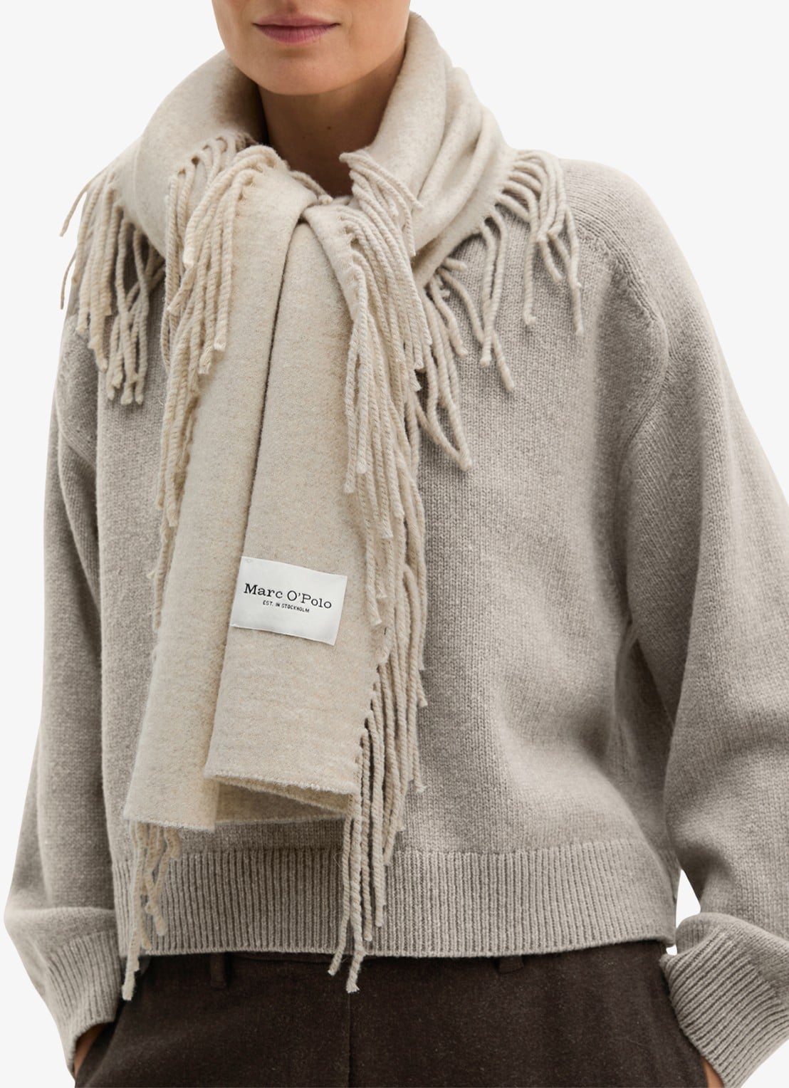 Marc O'Polo Sjaals van wol met franjes  - detail beige