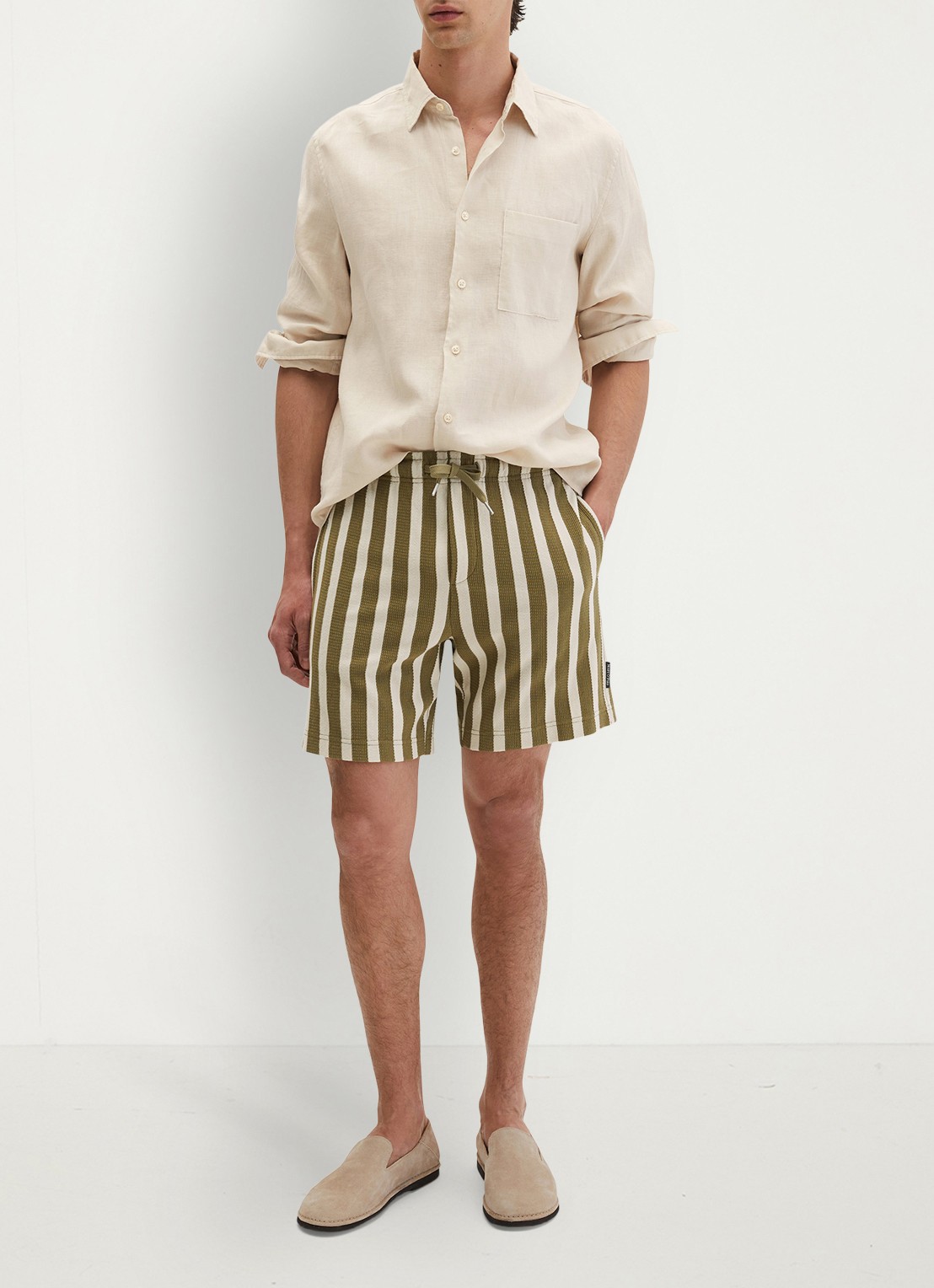Marc O'Polo Straight fit korte broek met streepprint - voorkant 4 medium green 01-3493 / groen