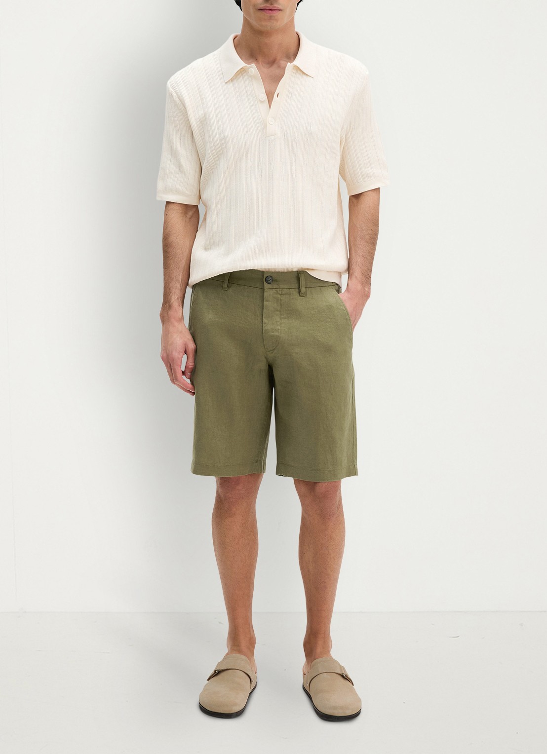 Marc O'Polo Straight fit korte broek van linnen - voorkant 5 fresh seaweed-2945 / groen