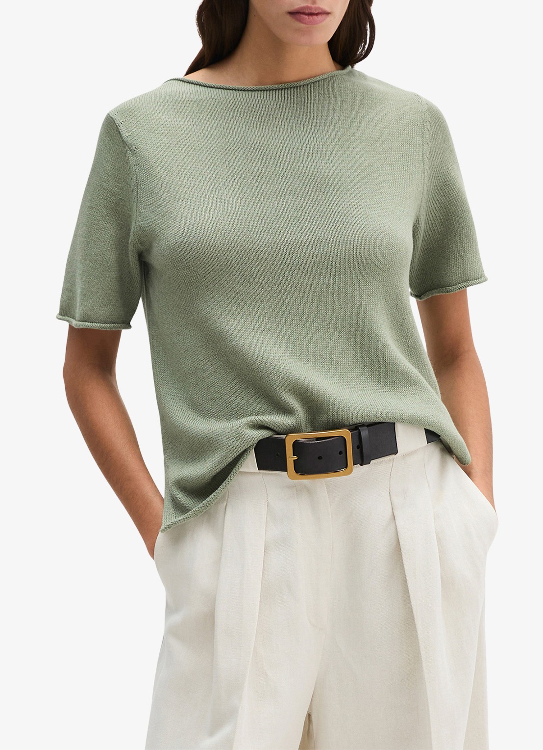 Marc O'Polo T-shirt in linnenblend met ronde hals - detail 3 lindegroen