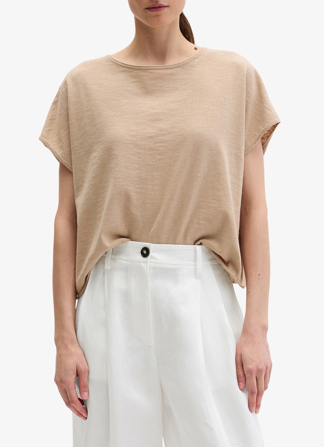 Marc O'Polo T-shirt in linnenblend met ronde hals - detail 2 sandpaper-2326 / beige