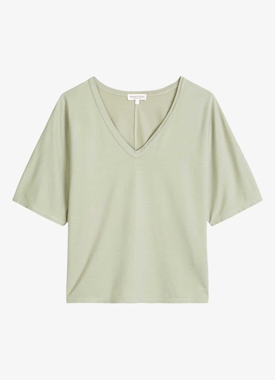 Marc O'Polo T-shirt in lyocell blend met V-hals - voorkant lindegroen