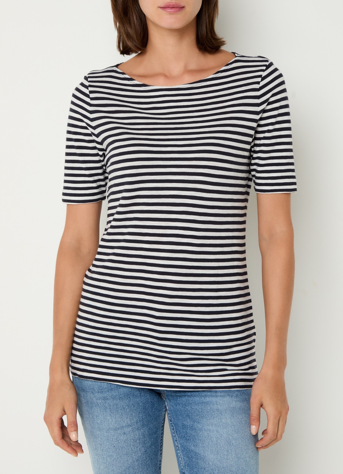 Marc O'Polo T-shirt met boothals en streepprint - detail 4 donkerblauw