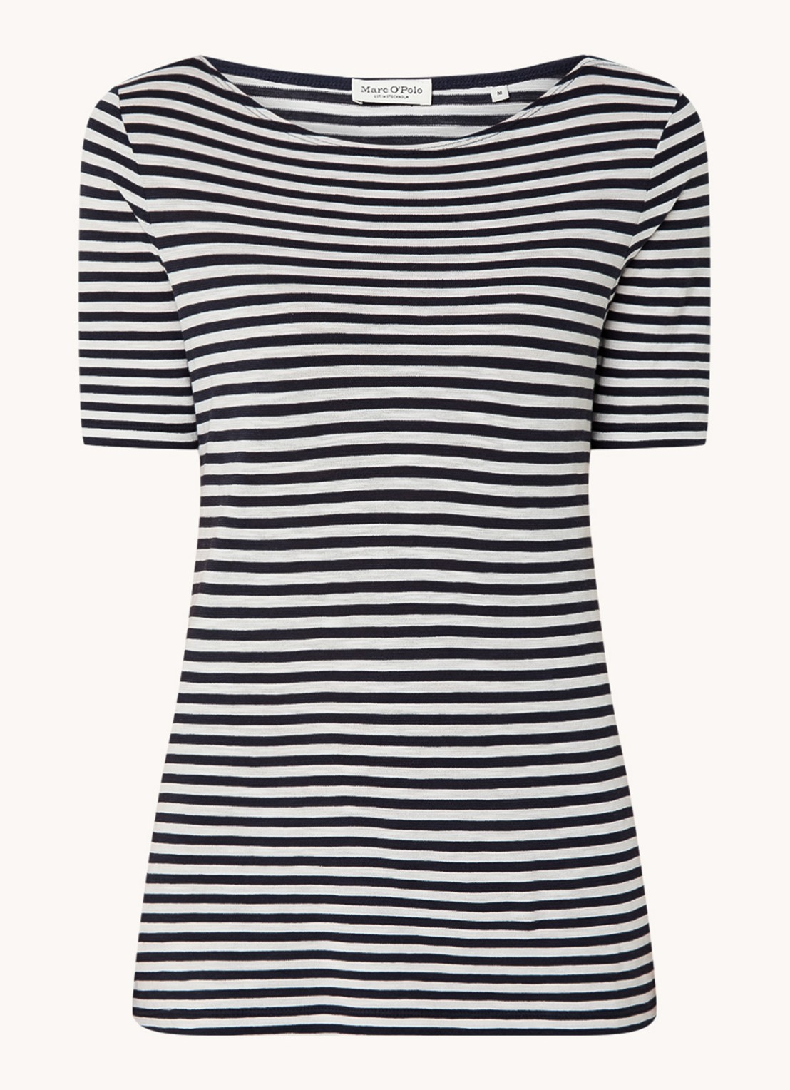 Marc O'Polo T-shirt met boothals en streepprint - voorkant 2 donkerblauw