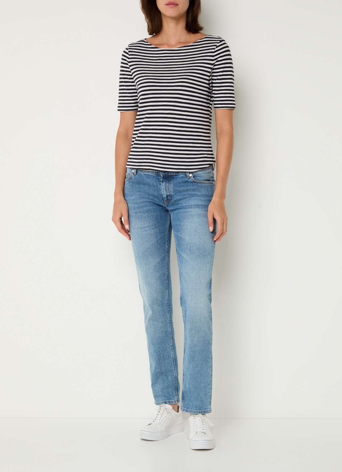 Marc O'Polo T-shirt met boothals en streepprint - voorkant 3 donkerblauw