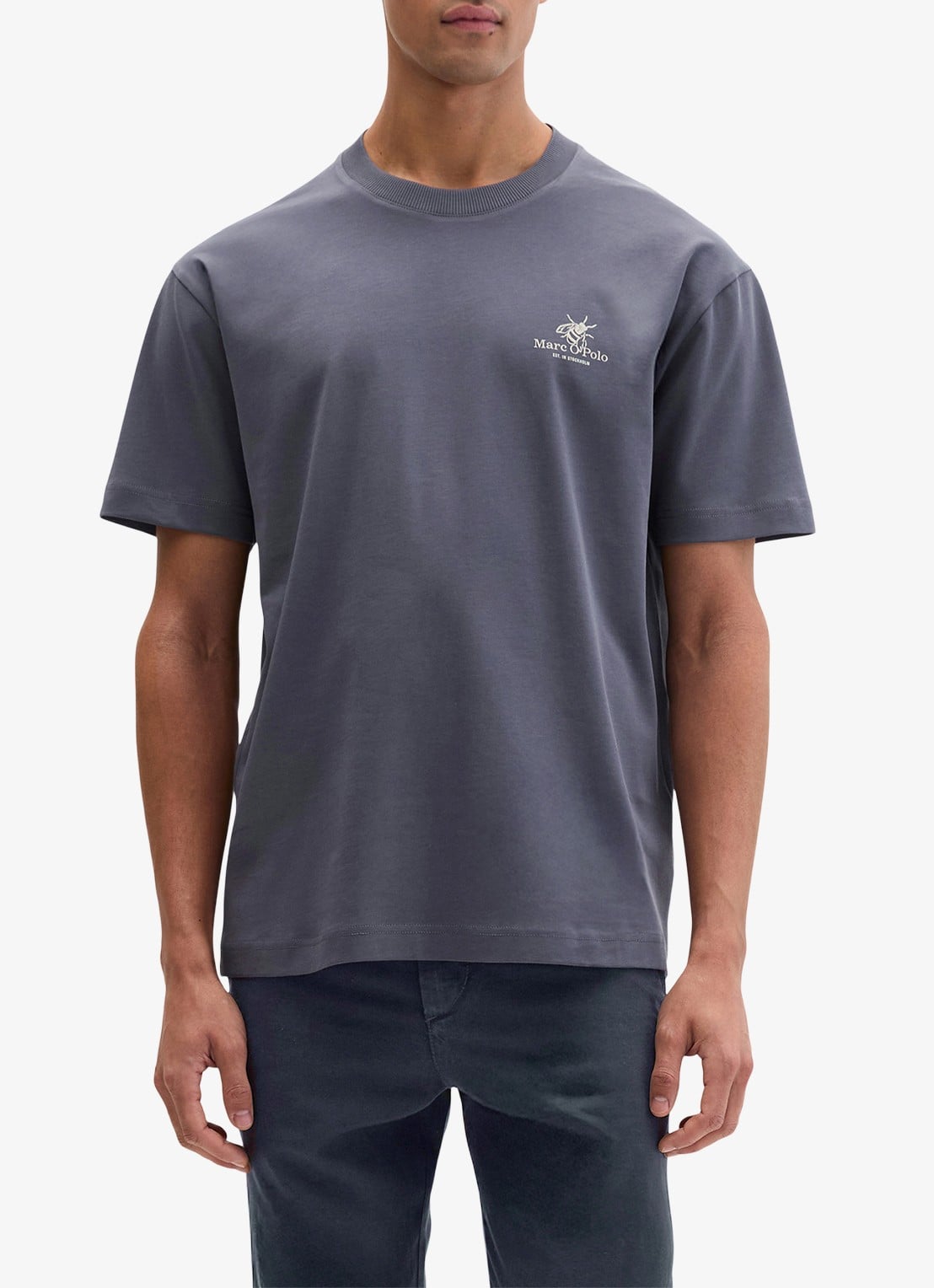 Marc O'Polo T-shirt met logo- en backprint - detail blauwgrijs