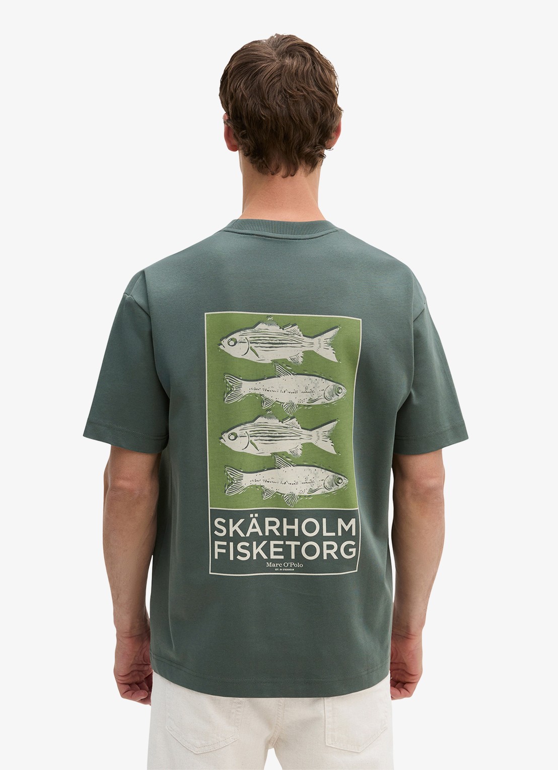 Marc O'Polo T-shirt met logo- en backprint - achterkant 5 donkergroen