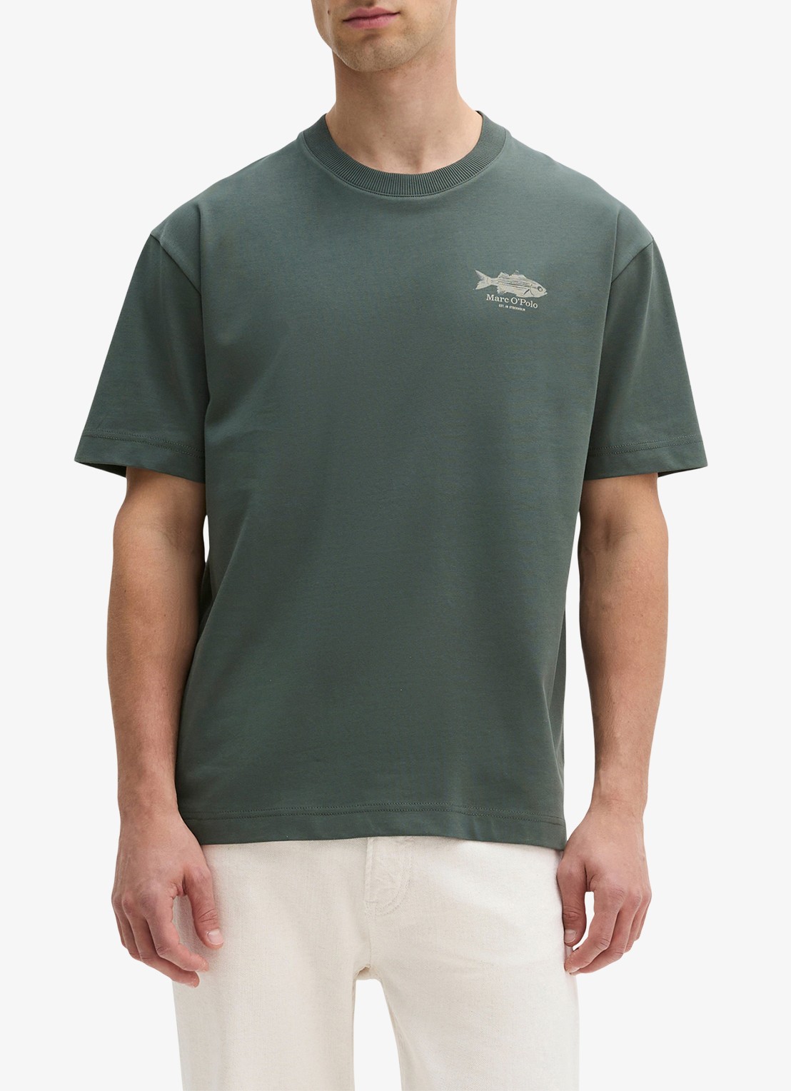 Marc O'Polo T-shirt met logo- en backprint - detail 3 donkergroen