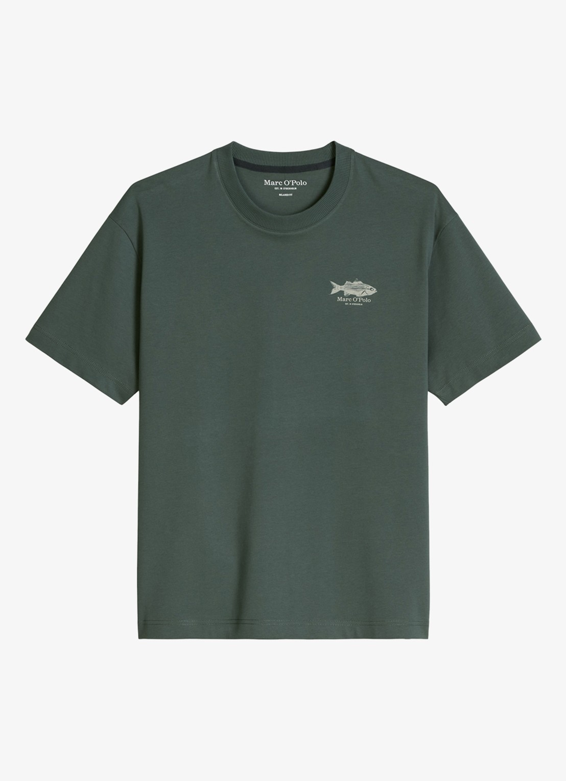 Marc O'Polo T-shirt met logo- en backprint - voorkant donkergroen
