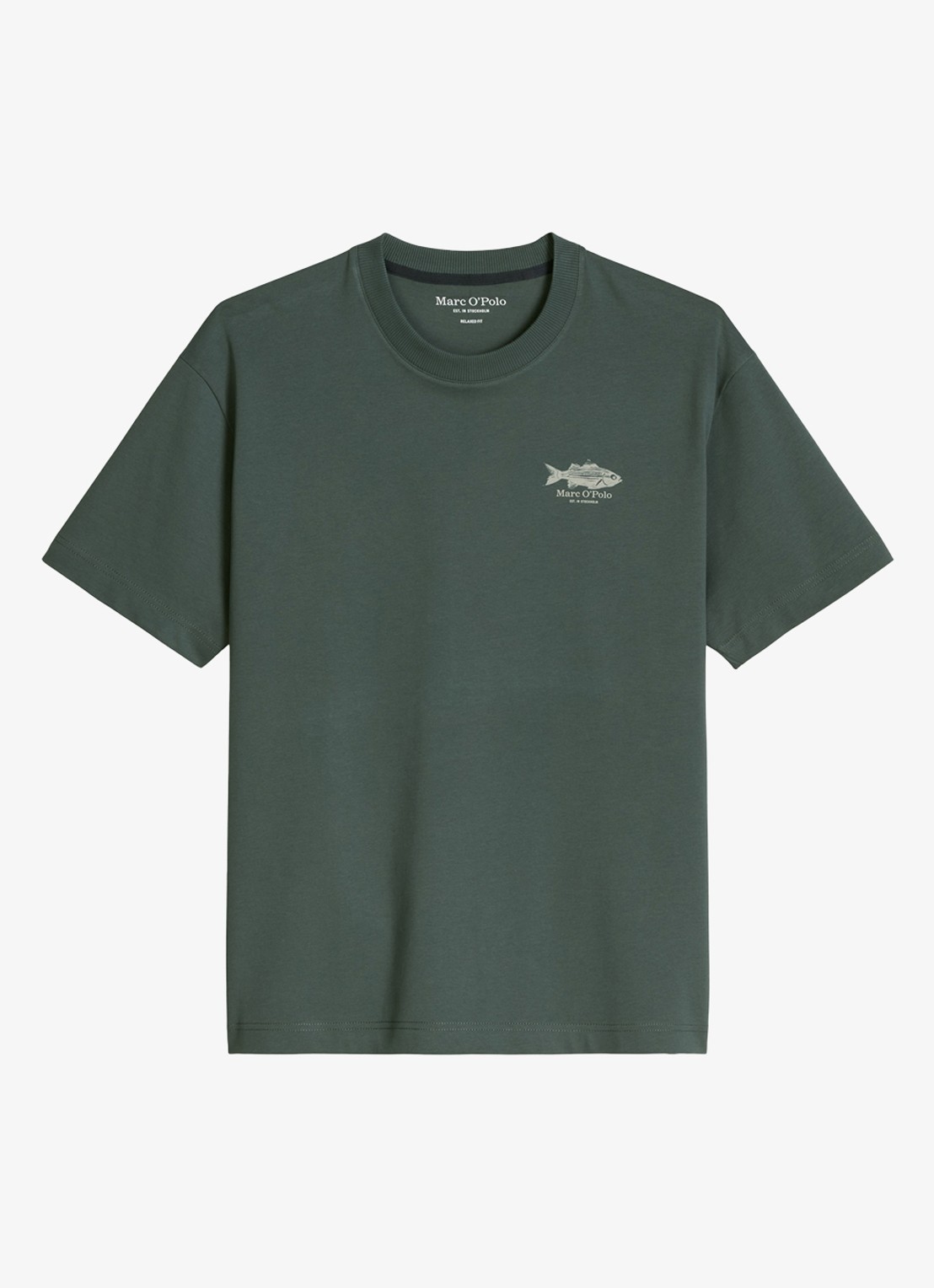 Marc O'Polo T-shirt met logo- en backprint - voorkant donkergroen