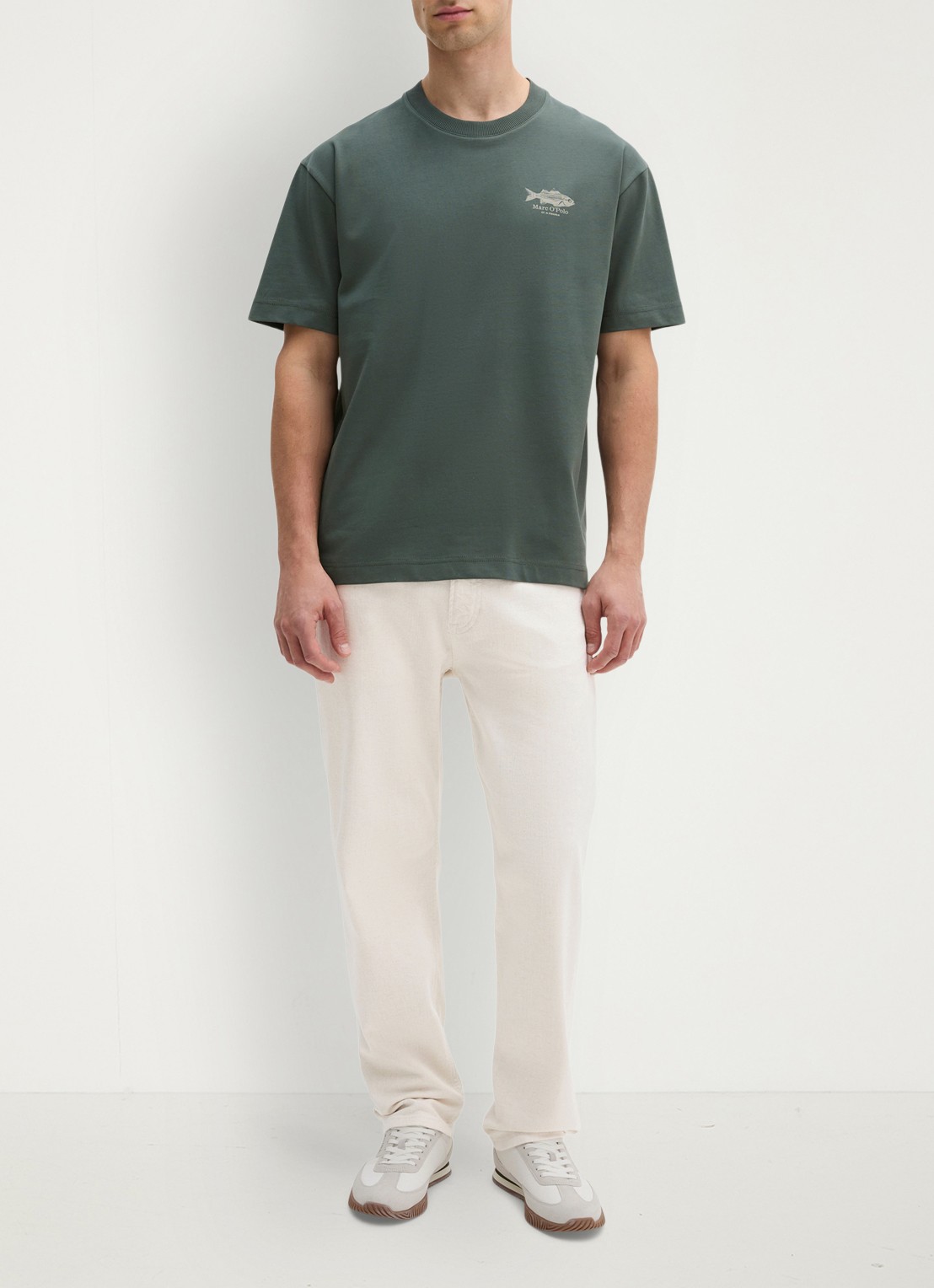 Marc O'Polo T-shirt met logo- en backprint - voorkant 2 donkergroen