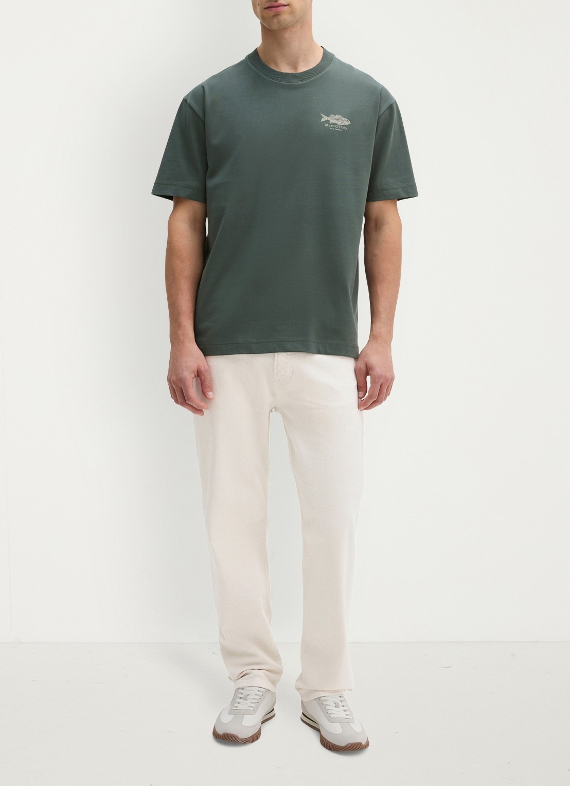 Marc O'Polo T-shirt met logo- en backprint - voorkant 2 donkergroen