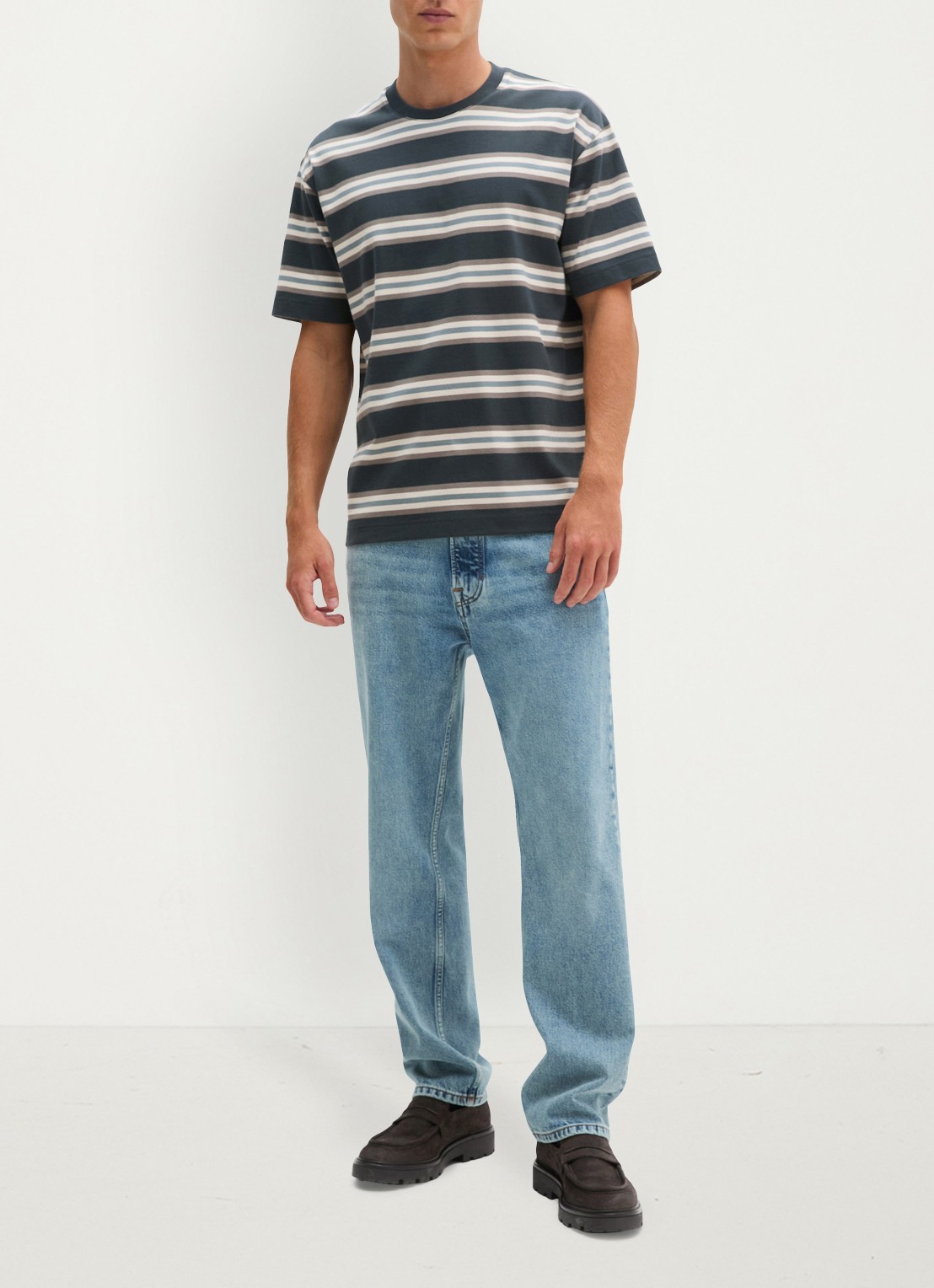 Marc O'Polo T-shirt met streepdessin  - voorkant 3 antraciet