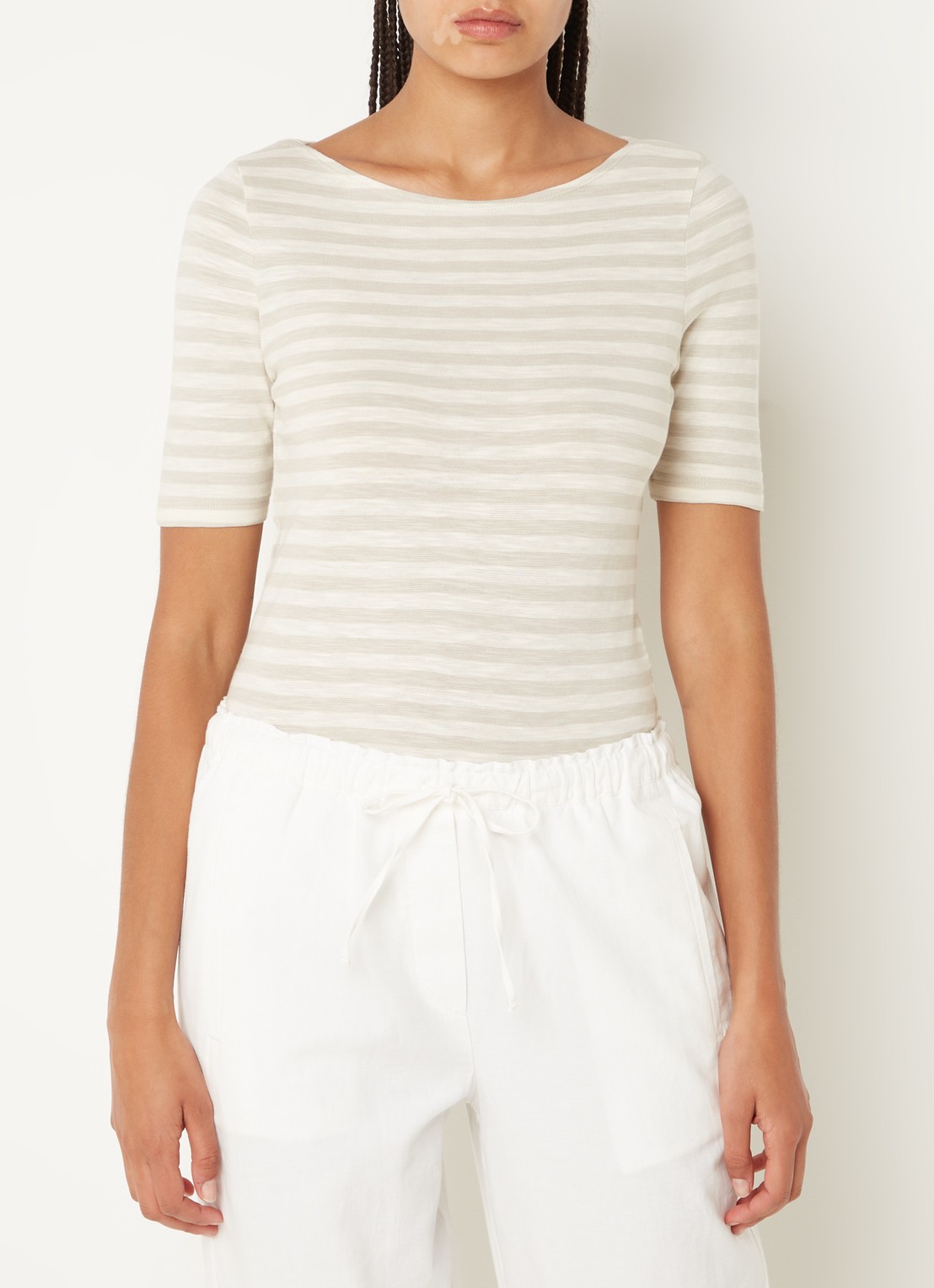 Marc O'Polo T-shirt met streepprint en stretch - detail 4 grijs