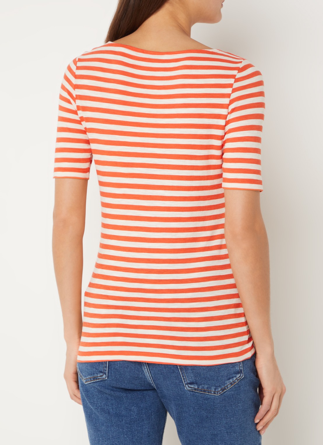 Marc O'Polo T-shirt met streepprint en stretch - achterkant 4 oranjerood