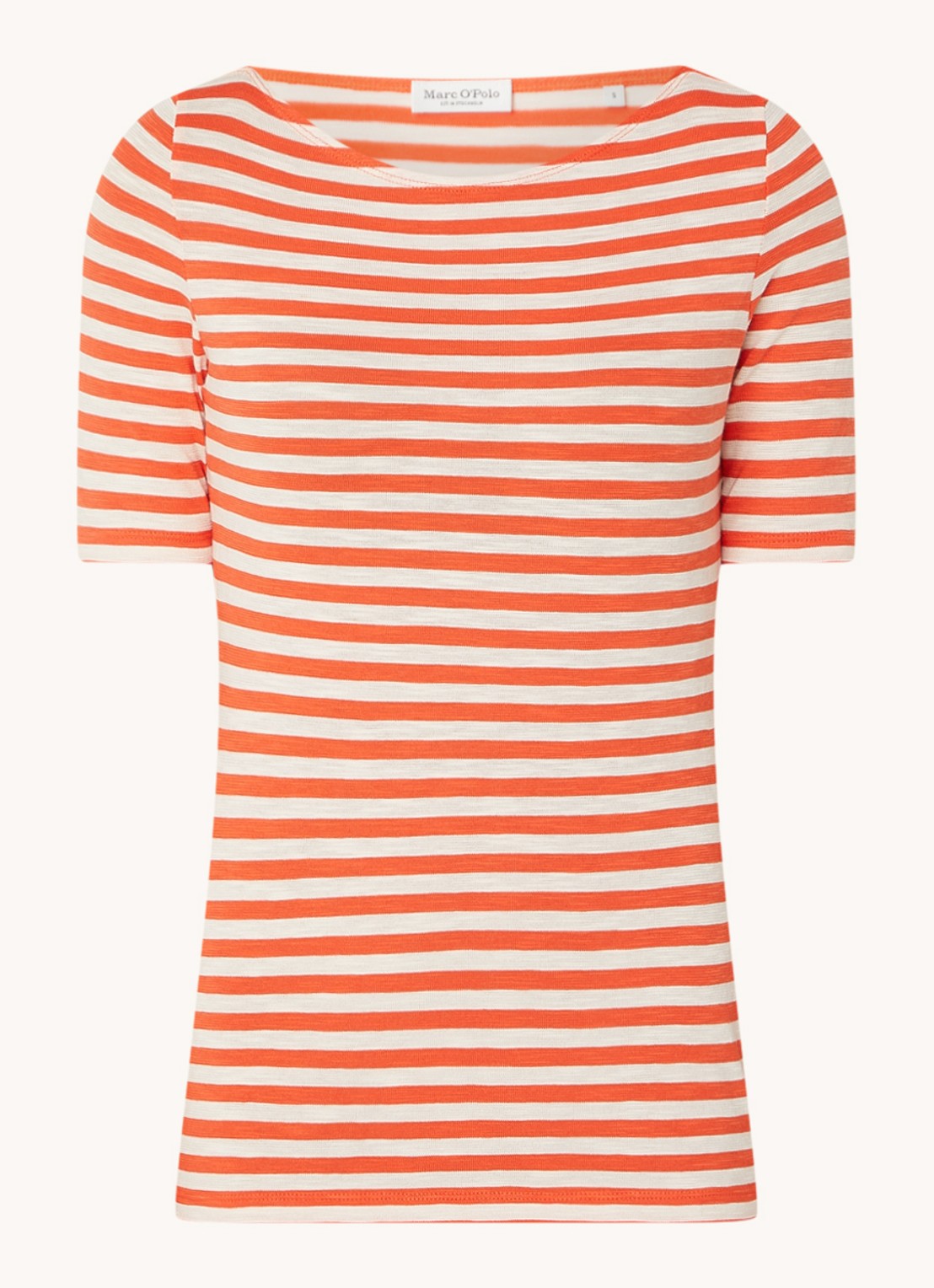 Marc O'Polo T-shirt met streepprint en stretch - voorkant oranjerood