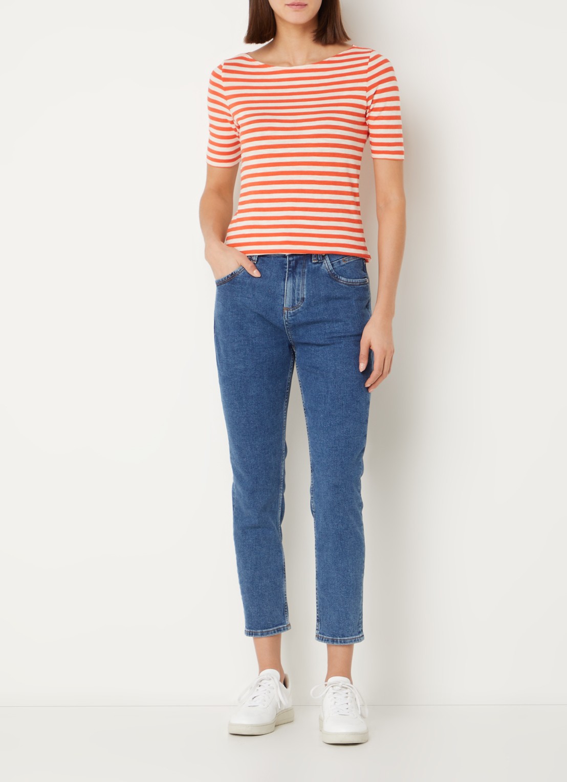 Marc O'Polo T-shirt met streepprint en stretch - voorkant 2 oranjerood