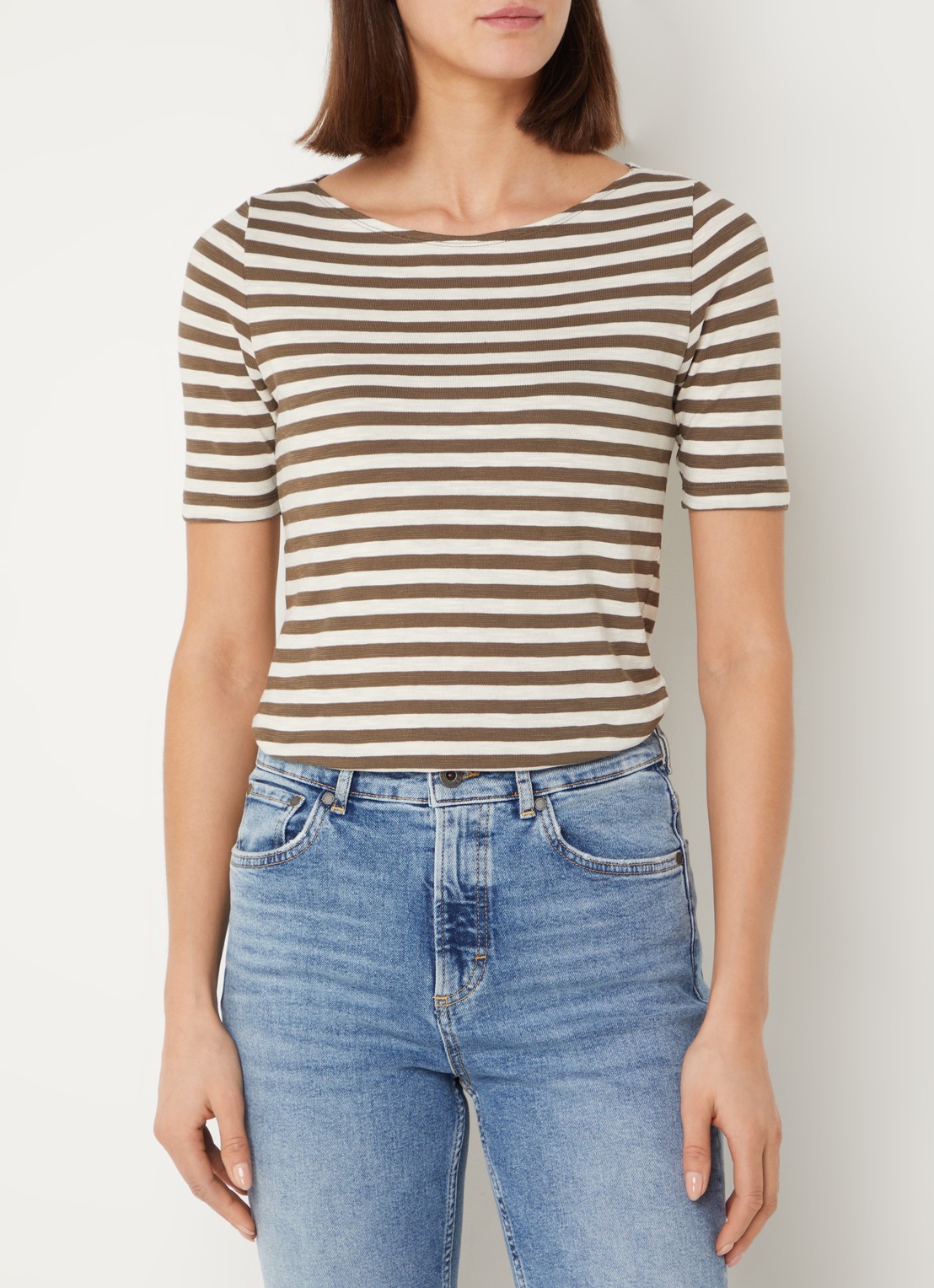 Marc O'Polo T-shirt met streepprint en stretch - detail 4 lichtbruin