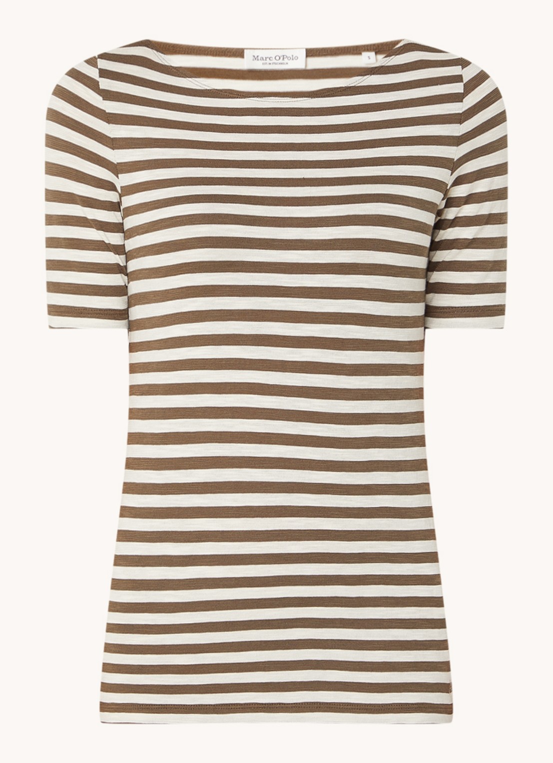 Marc O'Polo T-shirt met streepprint en stretch - voorkant 2 lichtbruin