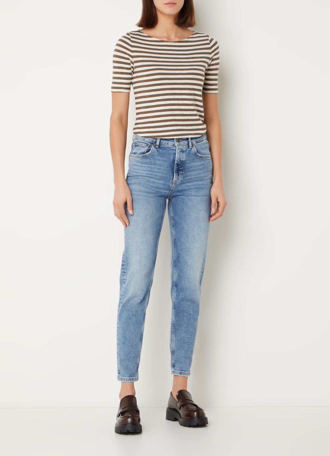 Marc O'Polo T-shirt met streepprint en stretch - voorkant 3 lichtbruin