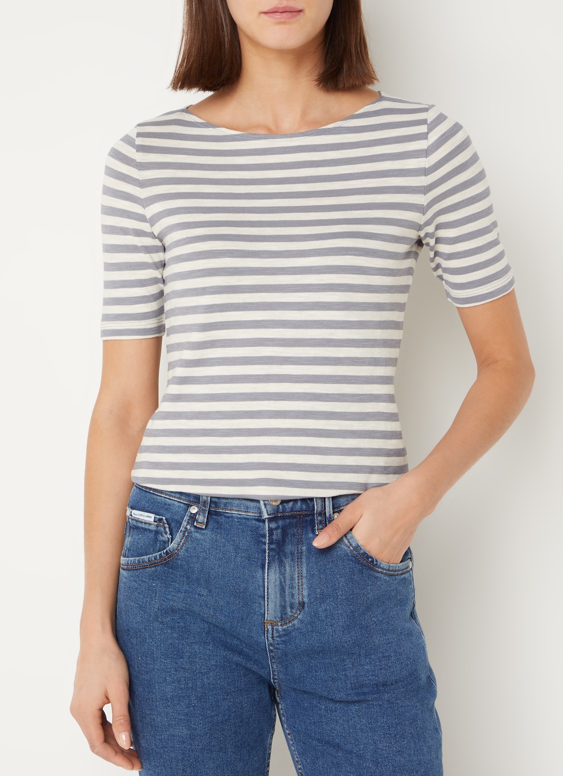 Marc O'Polo T-shirt met streepprint en stretch - detail lichtgrijs