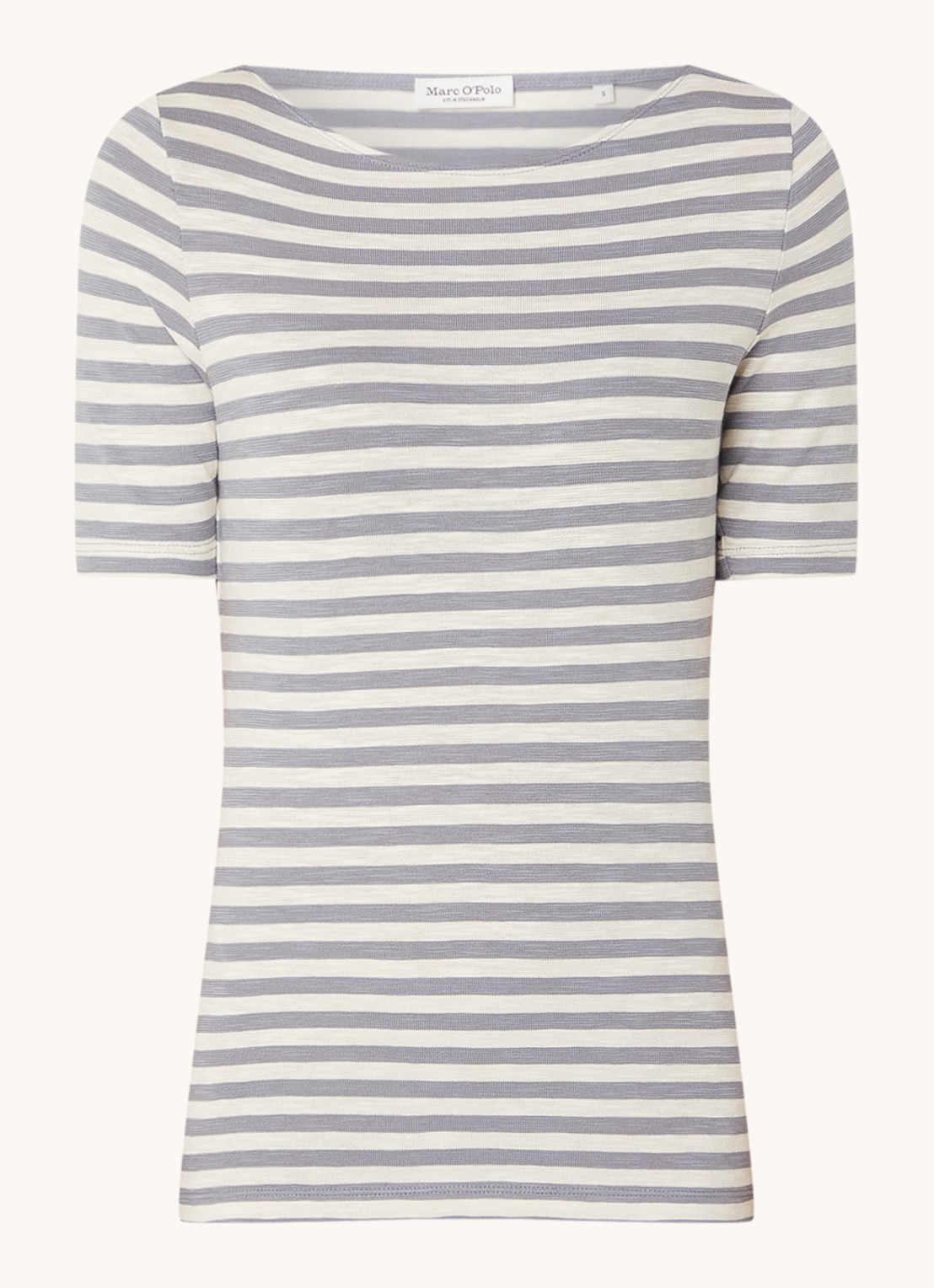 Marc O'Polo T-shirt met streepprint en stretch - voorkant 3 lichtgrijs