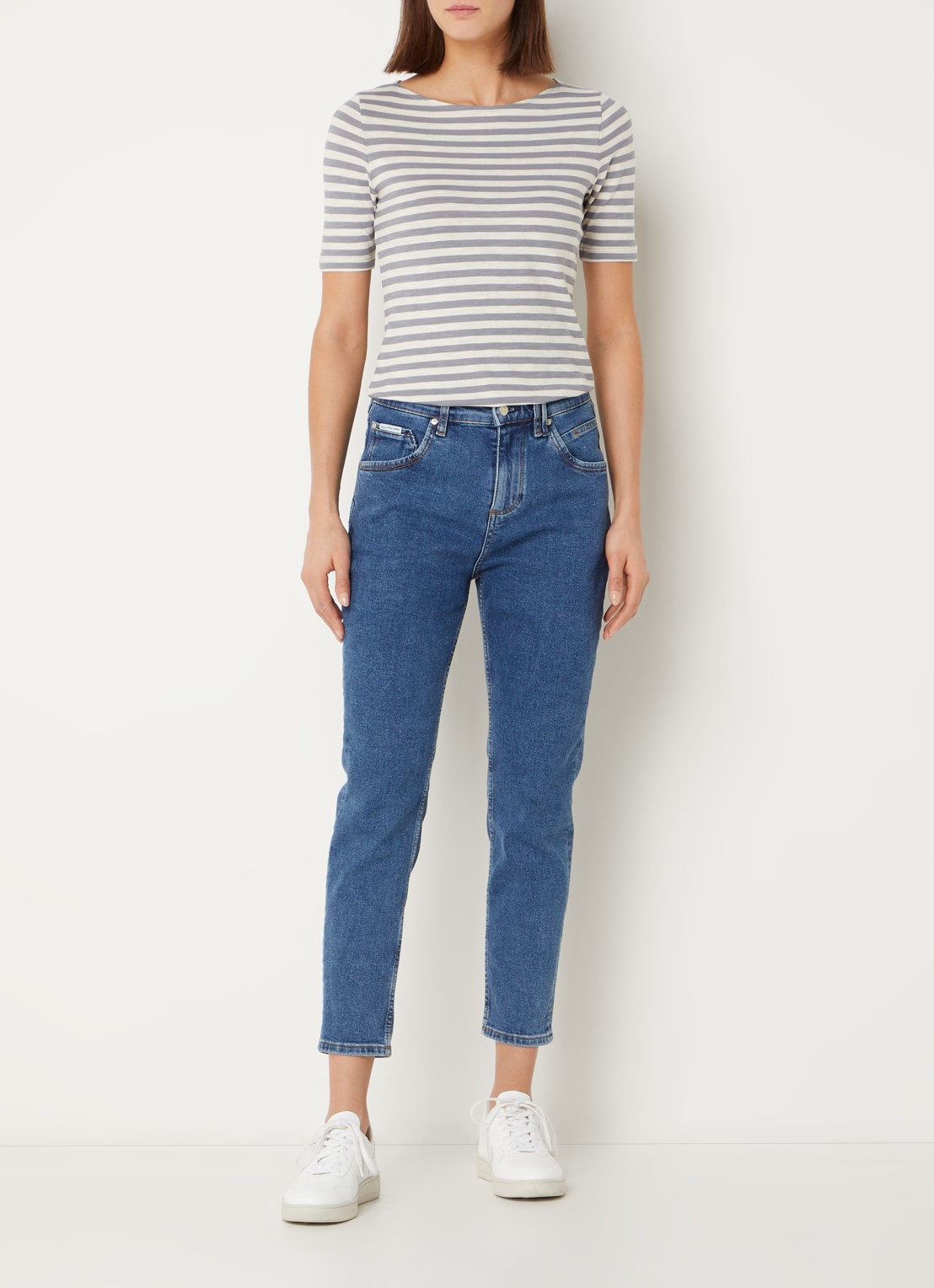 Marc O'Polo T-shirt met streepprint en stretch - voorkant 4 lichtgrijs