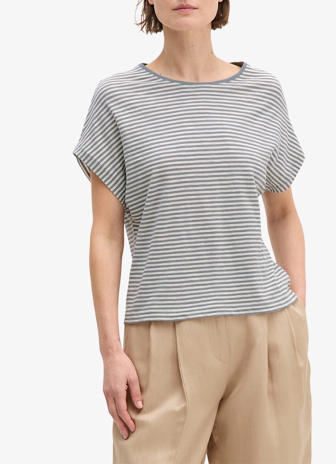 Marc O'Polo T-shirt met streepprint en vleermuismouw - detail 2 aqua-5366 / blauw