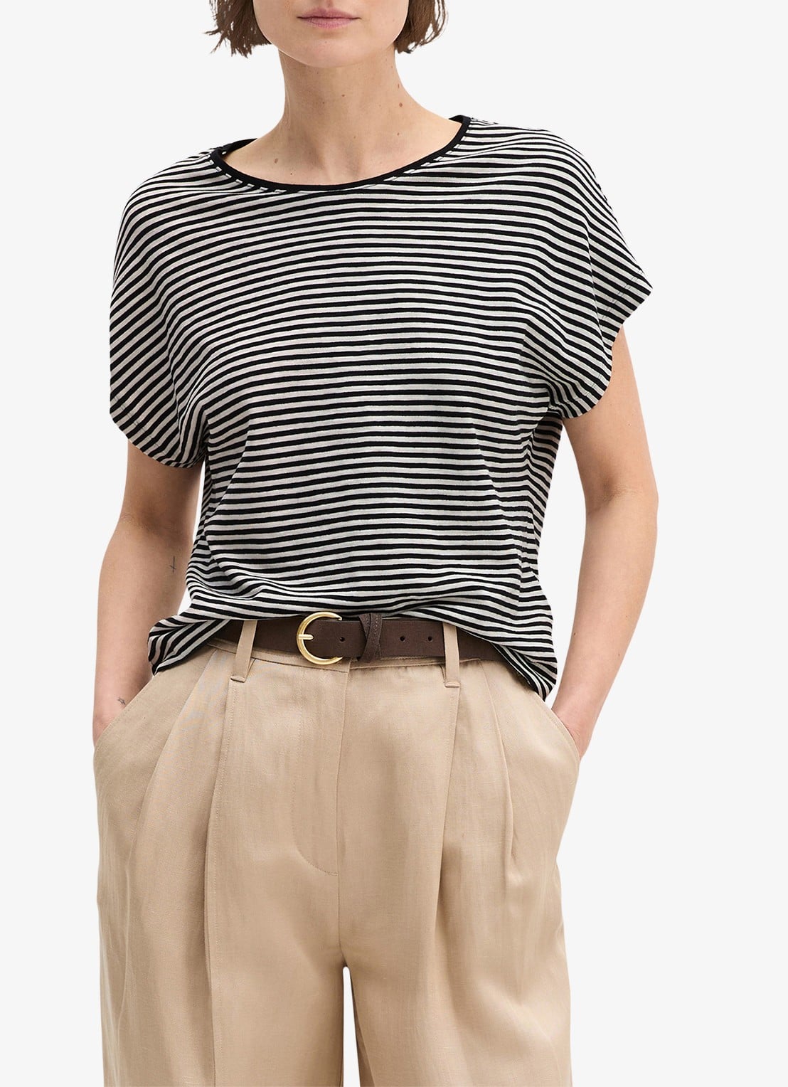 Marc O'Polo T-shirt met streepprint - detail black-0100 / zwart
