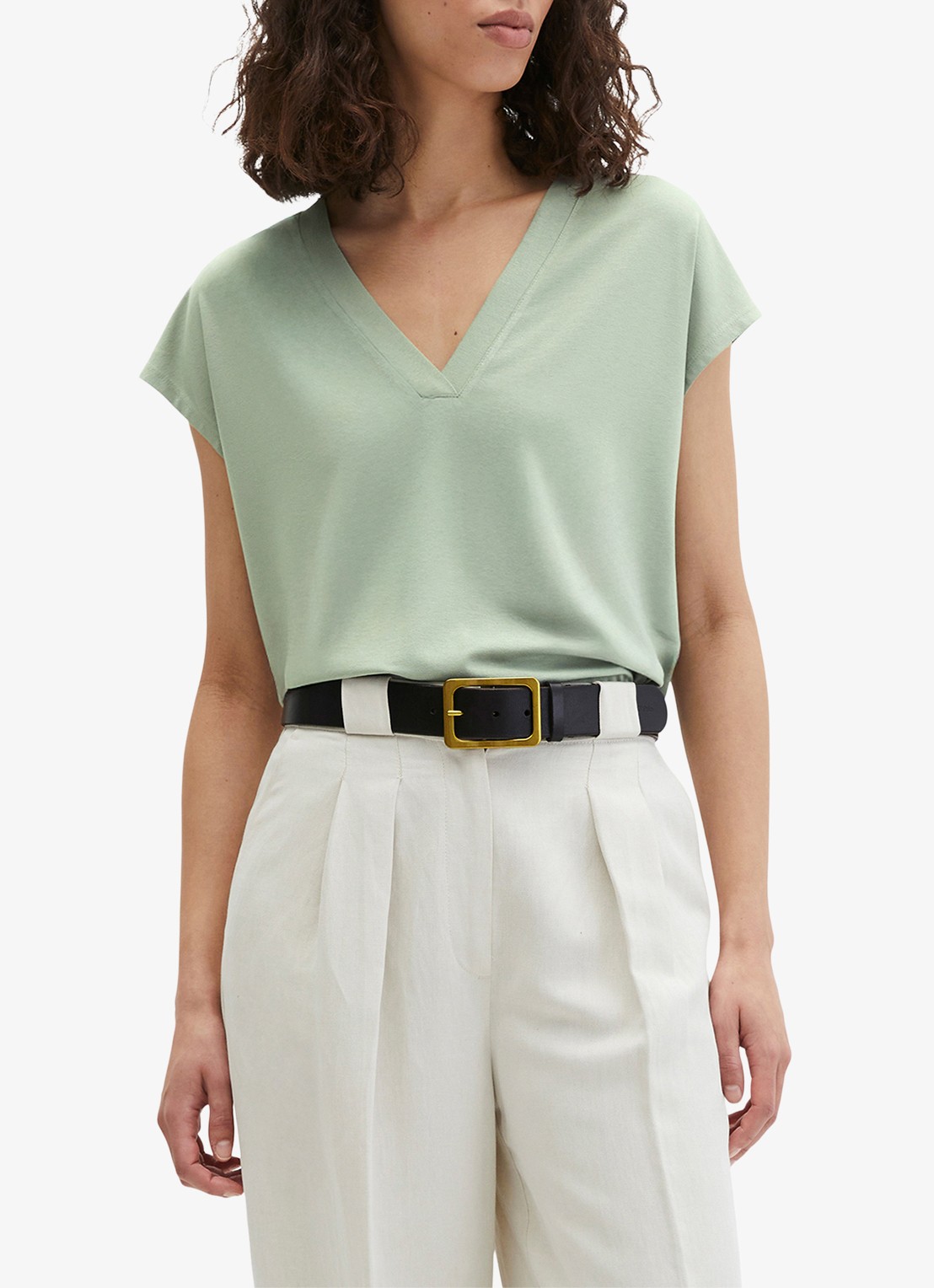 Marc O'Polo T-shirt met V-hals - detail 4 lindegroen