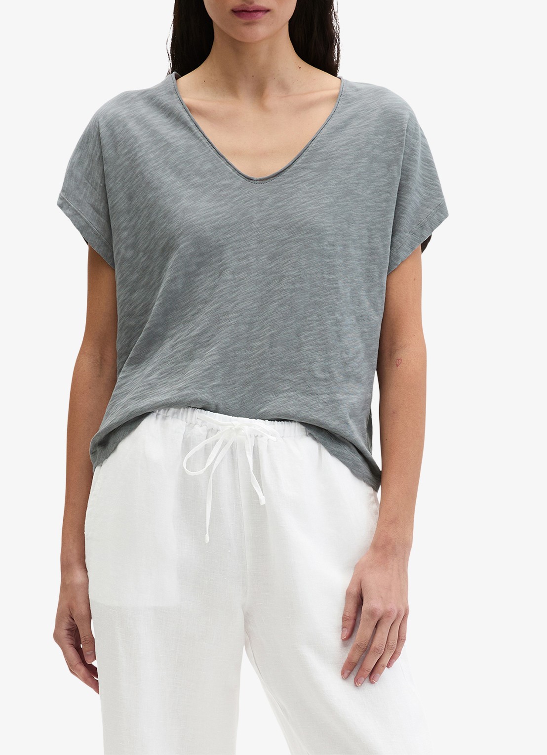 Marc O'Polo T-shirt met V-hals - detail 4 quiet sea-0639 / blauw