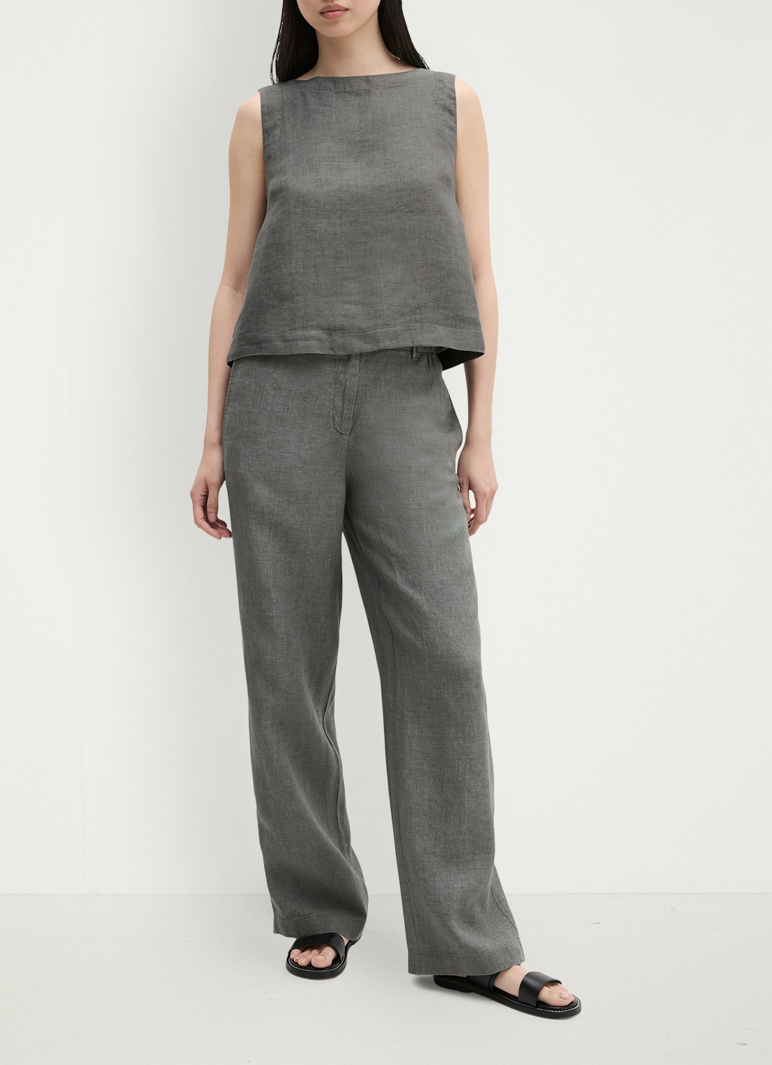 Marc O'Polo Top van linnen met strikdetail - voorkant 2 slate grey melange-0777 / grijs
