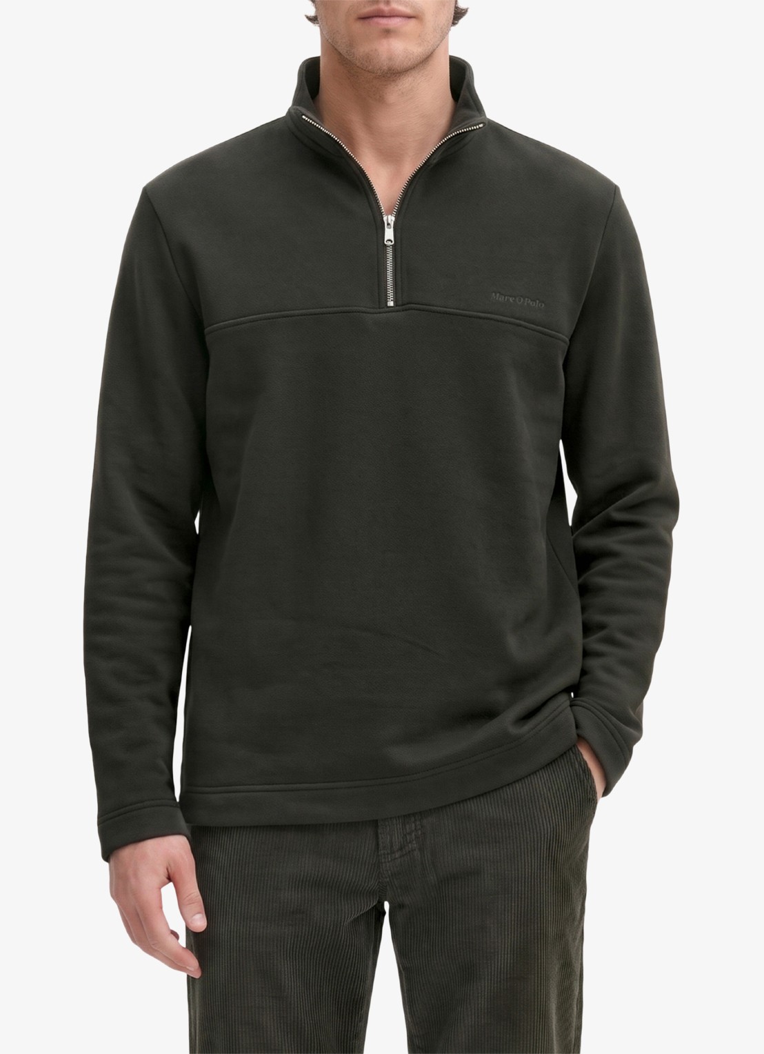 Marc O'Polo Trui met halve rits en logo  - detail donkerbruin