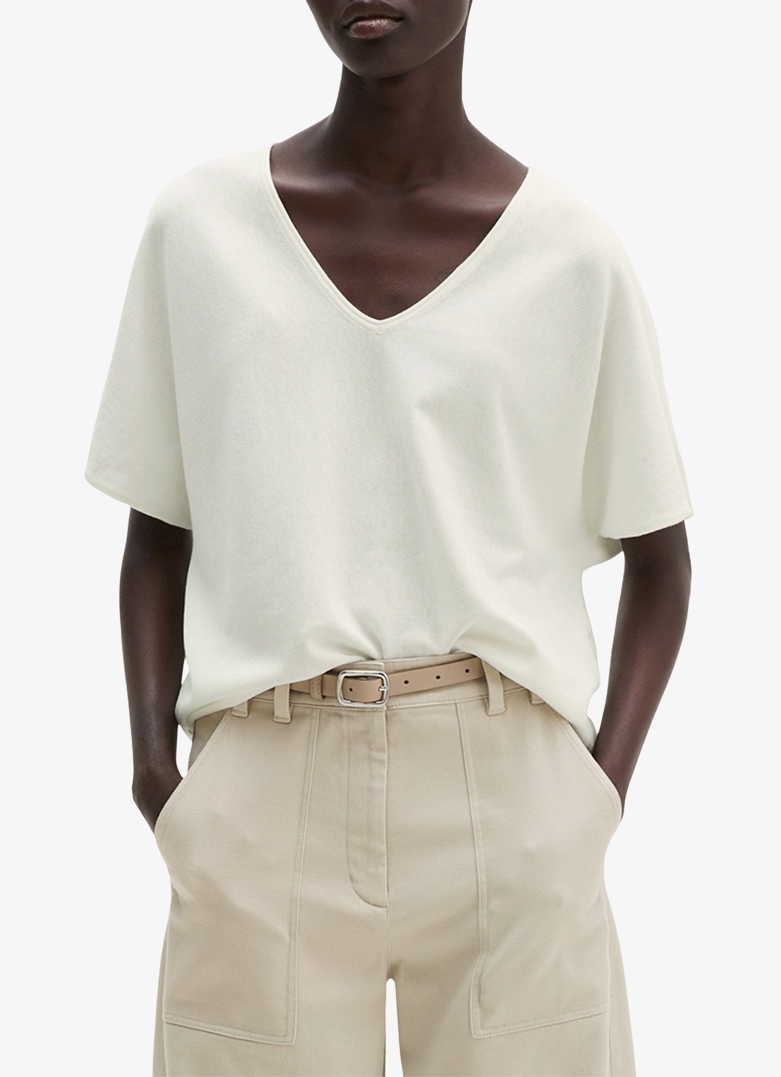 Marc O'Polo Trui met V-hals - detail white cotton / wit