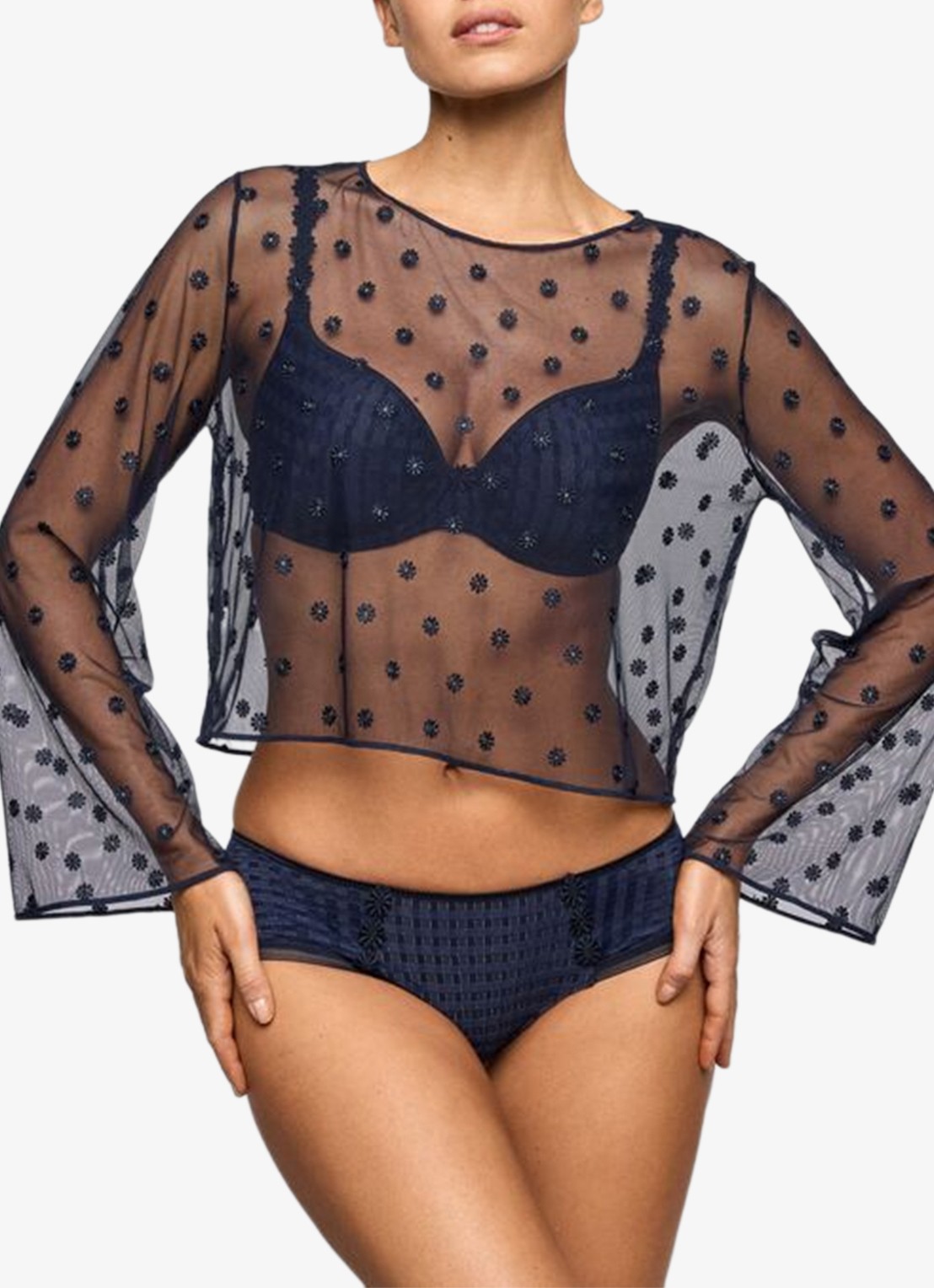 Marie Jo Avero lingerie top van mesh met bloemborduring - detail 4 donkerblauw