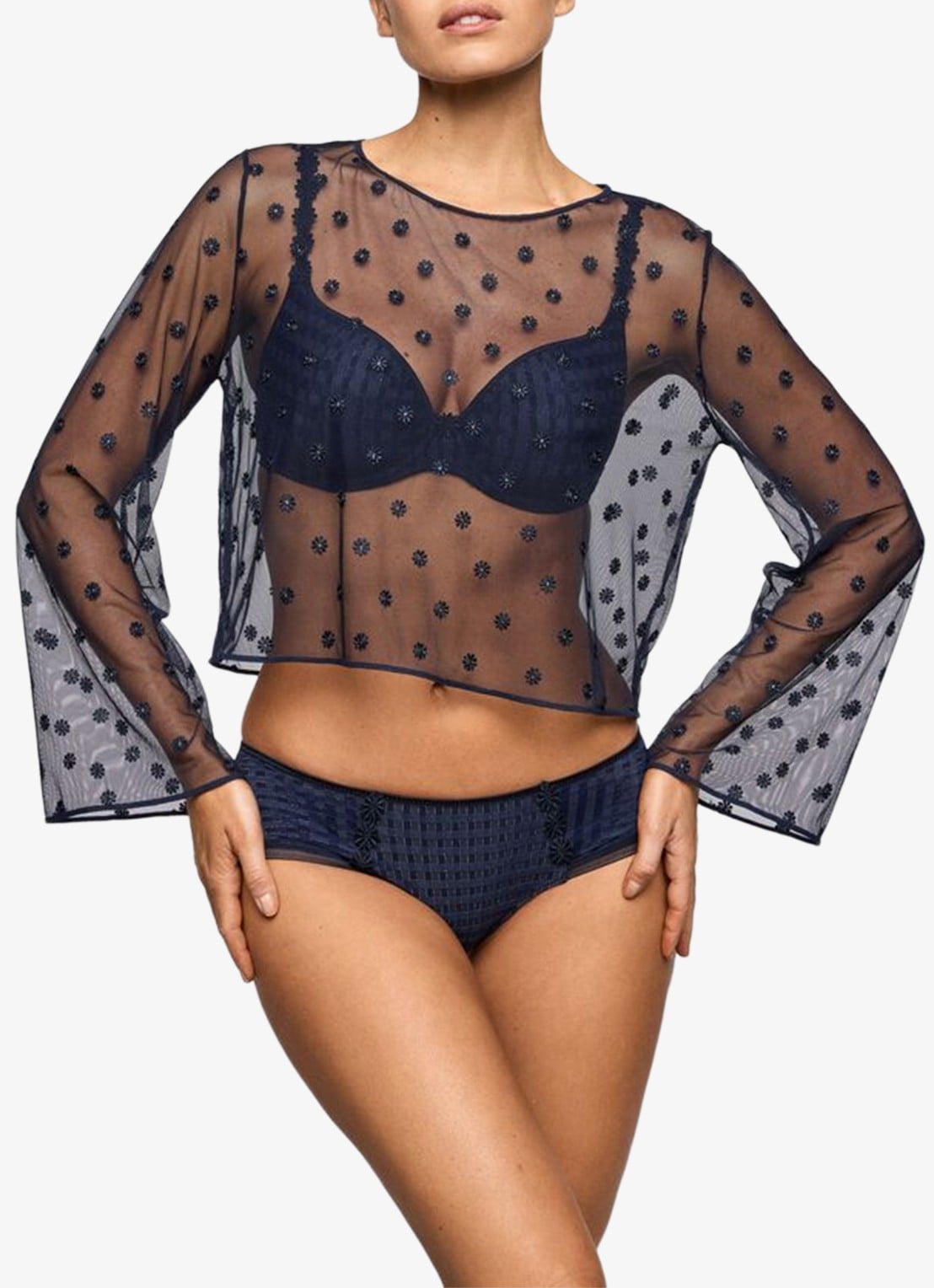 Marie Jo Avero lingerie top van mesh met bloemborduring - voorkant 3 donkerblauw