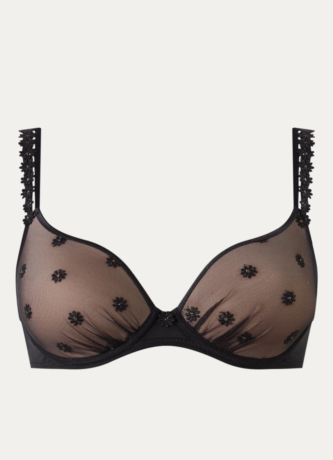 Marie Jo Daisy voorgevormde beugel bh met overlay van mesh en bloemborduring - voorkant 4 zwart