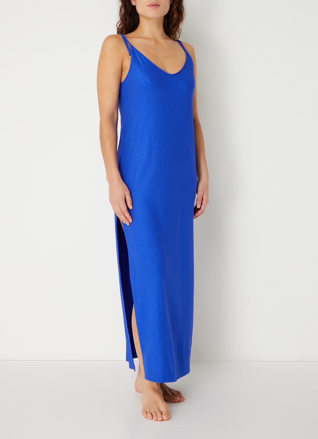Marie Jo Emly maxi strandjurk met spaghetti bandjes en ribstructuur - detail kobaltblauw