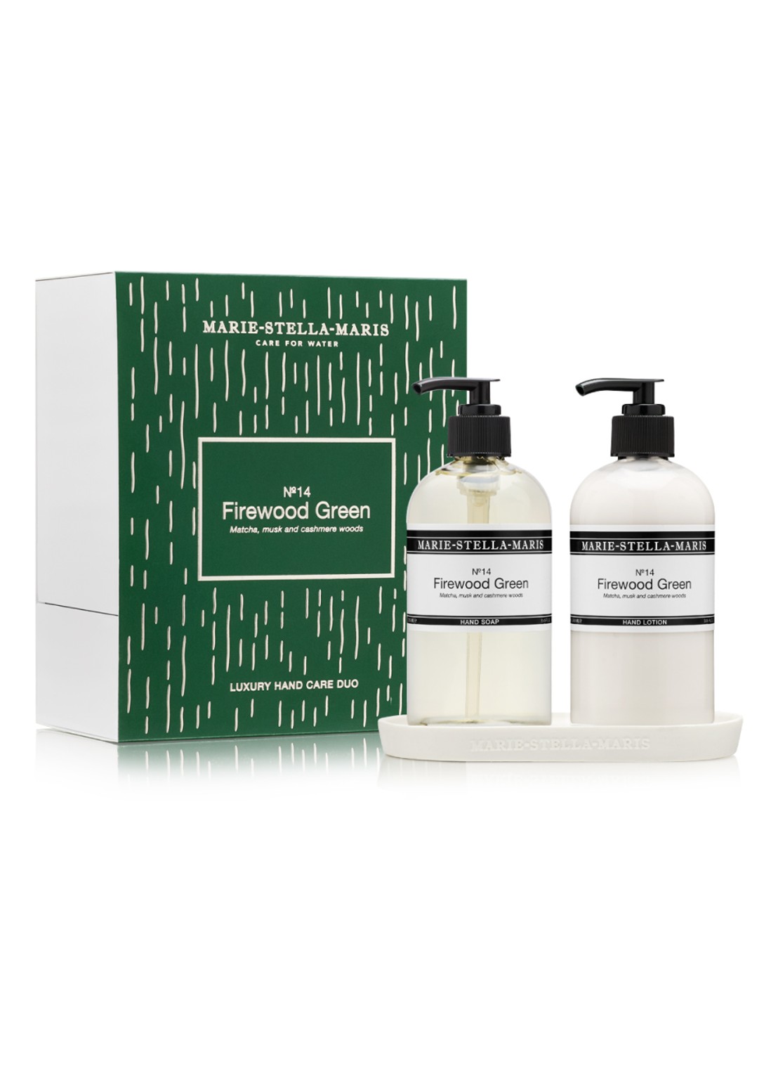 Marie-Stella-Maris No.14 Firewood Green handzeep handzeep en handlotion - verzorgingsset - voorkant transparant