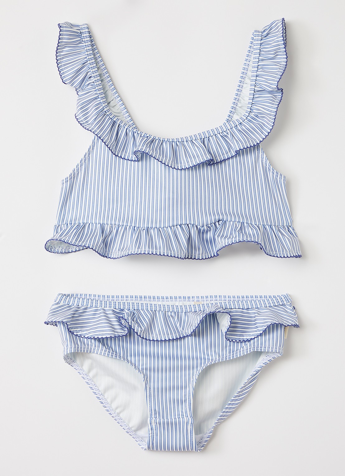 MarMar COPENHAGEN Bikiniset met ruches en streepprint - voorkant blauw